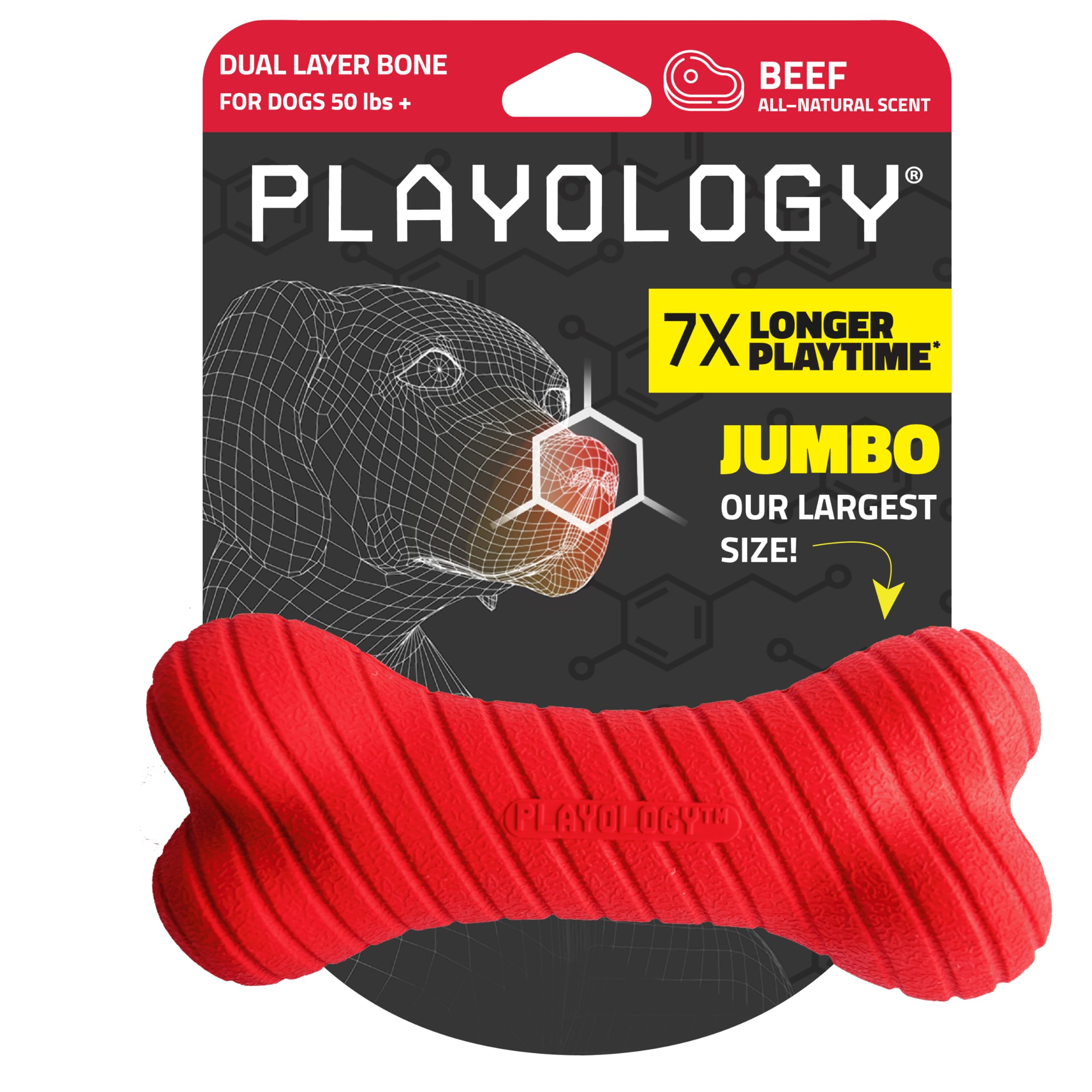 Playology Dual Layer Bone | Engaging All Natural Beef Scented Dog Toy, Jumbo Size | Red Bone For Large To X-Large Dogs 50Lbs & U