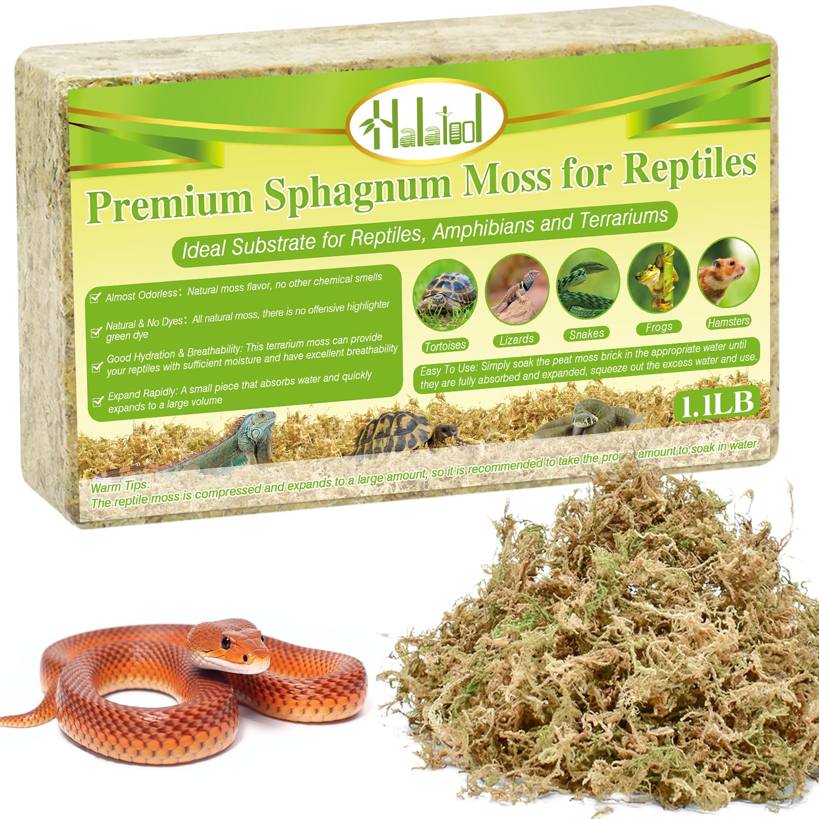 Halatool 1.1Lb Sphagnum Moss For Reptiles(Turtles, Geckos, Snakes, Frogs, Hamsters), Natural Forest Long Fibered Dried Moss Bulk