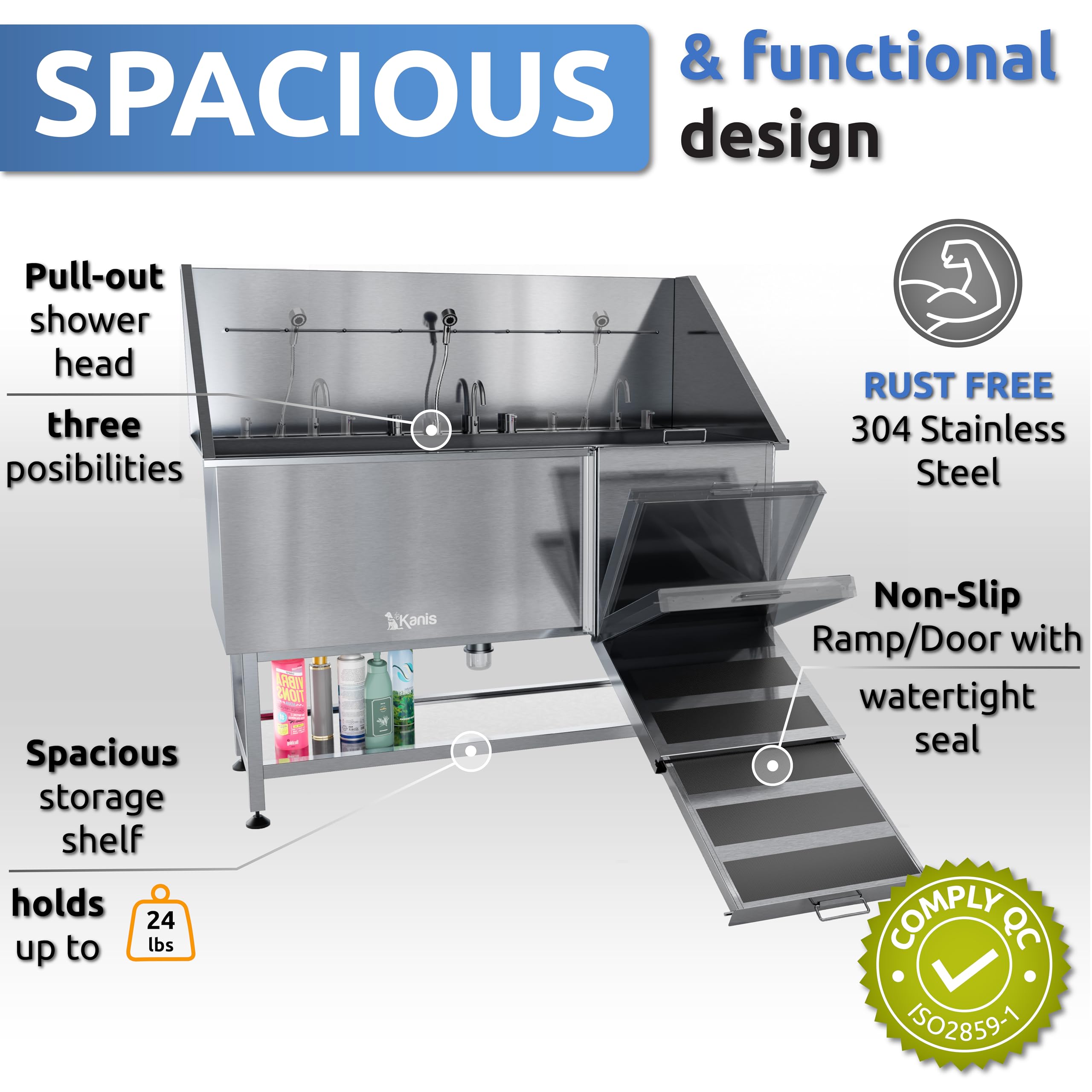 Kanis Professional Stainless Steel Dog Bathing Station - Grooming Tub W/Ramp, Storage Shelf, Floor Grate & Faucet/Dog Bathtub Fo