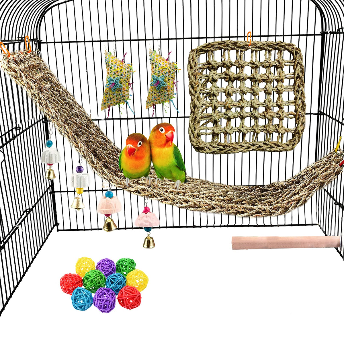 Bird Foraging Wall Toys Parrot Seagrass Mat Activity Climbing Net Ladder 29.5''X7.1''&11.8''X11.8'' Hanging Hammock Cage Chew Toys With Ball Toys For Parakeet Cockatiel Conure Cockatoo Budgie Lovebird