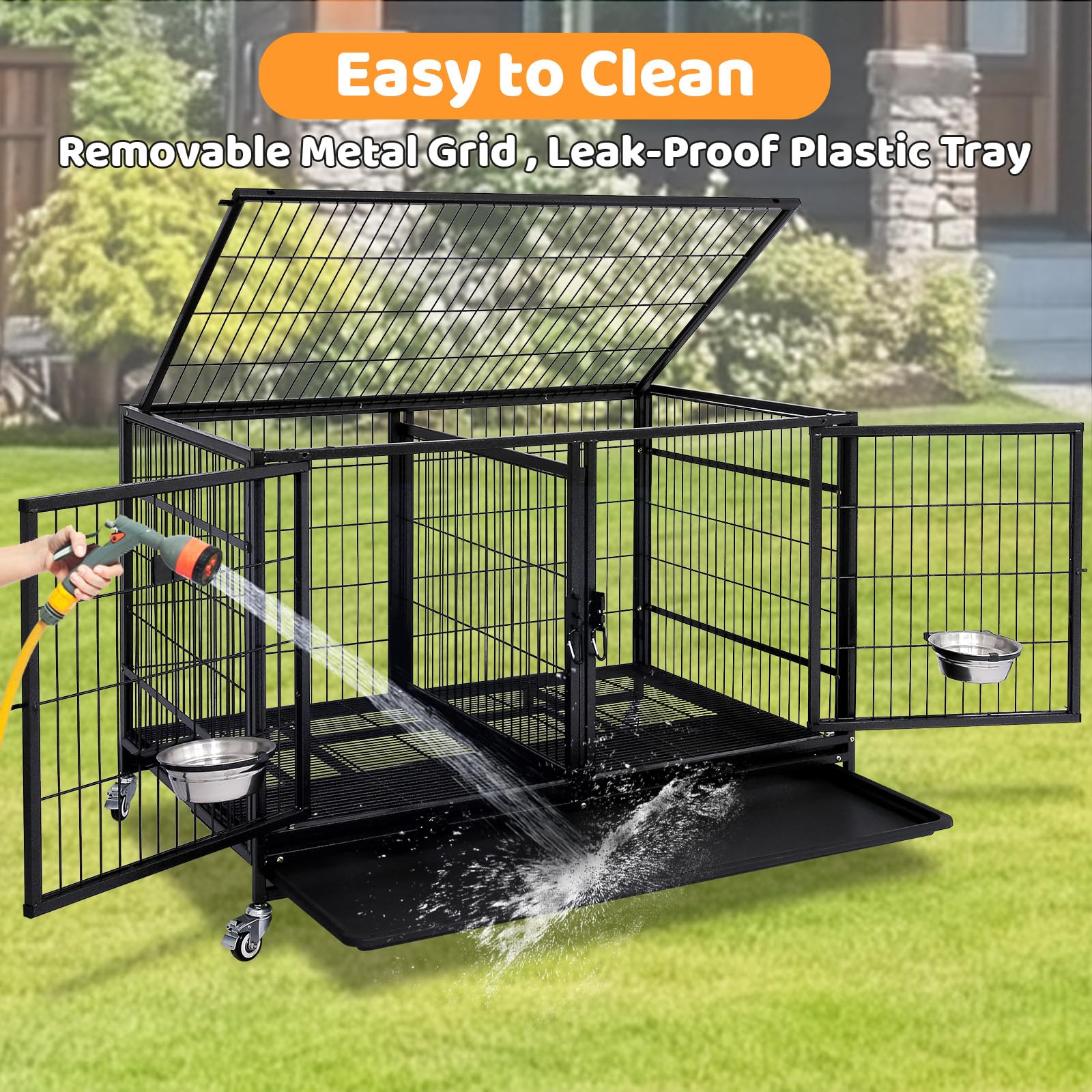 Homey Pet 43 Inch Metal Open Top Stackable Heavy Duty Dog Cage Kennel with Three Door, Metal Floor Grid, Tray, Wheels, Divider a