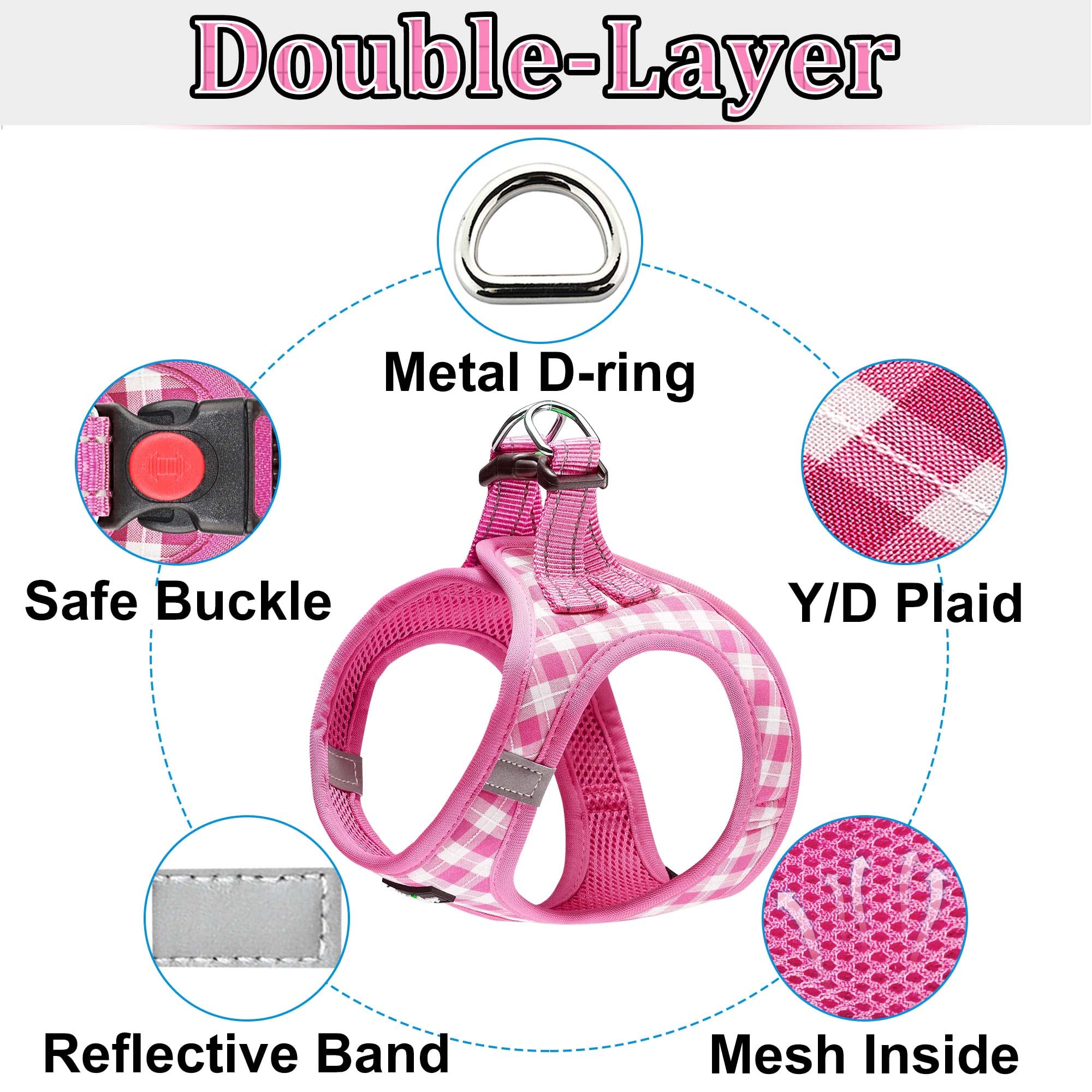 Matilor Dog Harness Step-In Breathable Puppy Cat Dog Vest Harnesses For Small Medium Dogs Pink Checkered