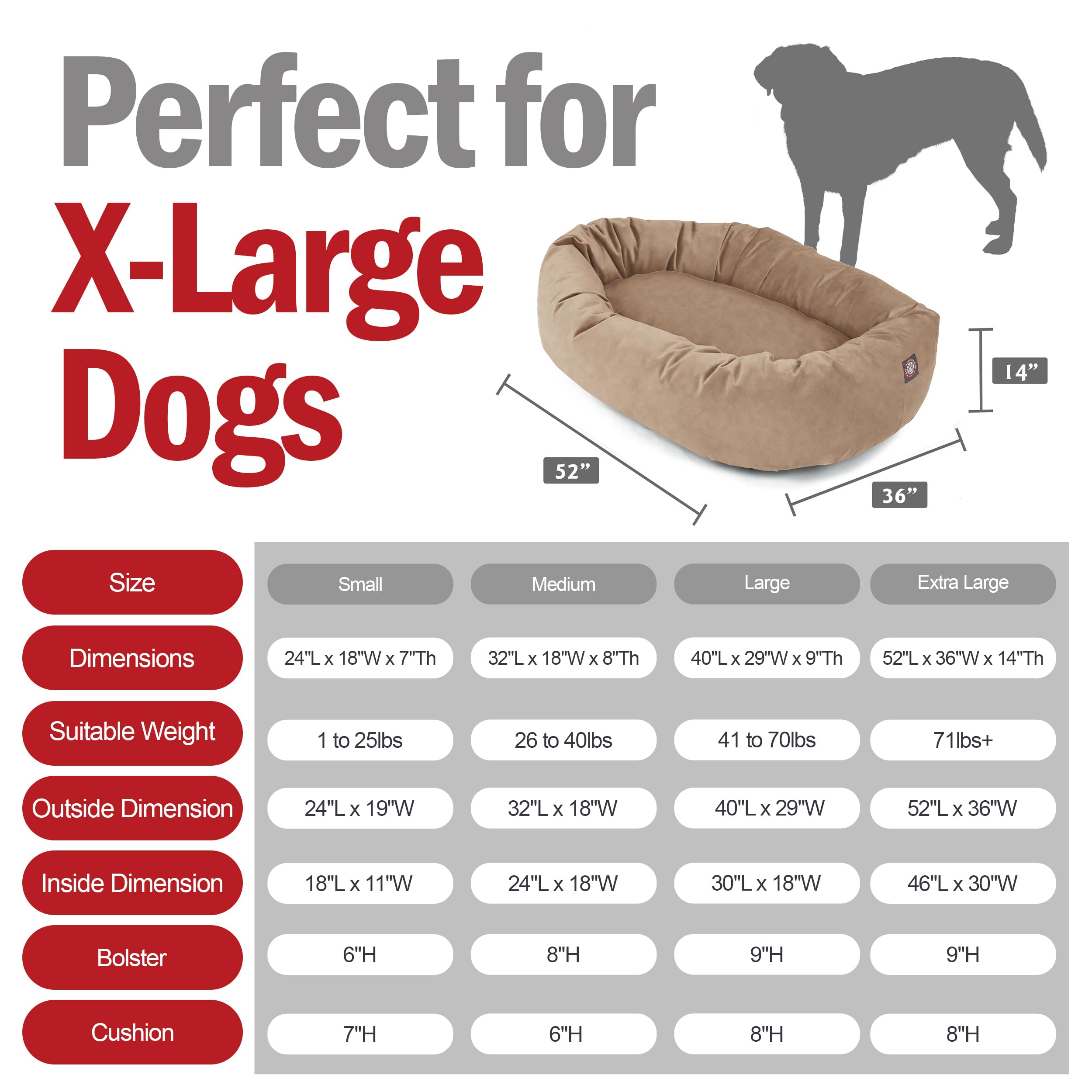 Majestic Pet 52 Inch Suede Calming Dog Bed Washable 52x35x11 (Inch) - Cozy Soft Round Donut Dog Bed with Spine Support for Dogs