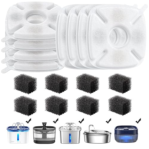 Veken 16 Pack Replacement Filters & Pre-Filter Sponges for 95oz & 67oz Pet Fountains - White & Black, Activated Carbon, Model VK052742US