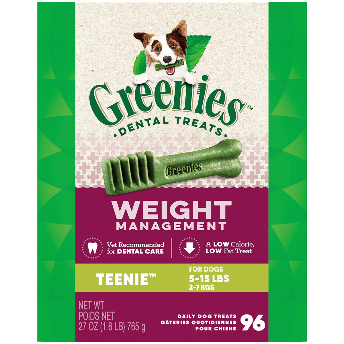 Greenies Weight Management Teenie Natural Dog Dental Care Chews Weight Control Dog Treats, 27 Oz. Pack (96 Treats)