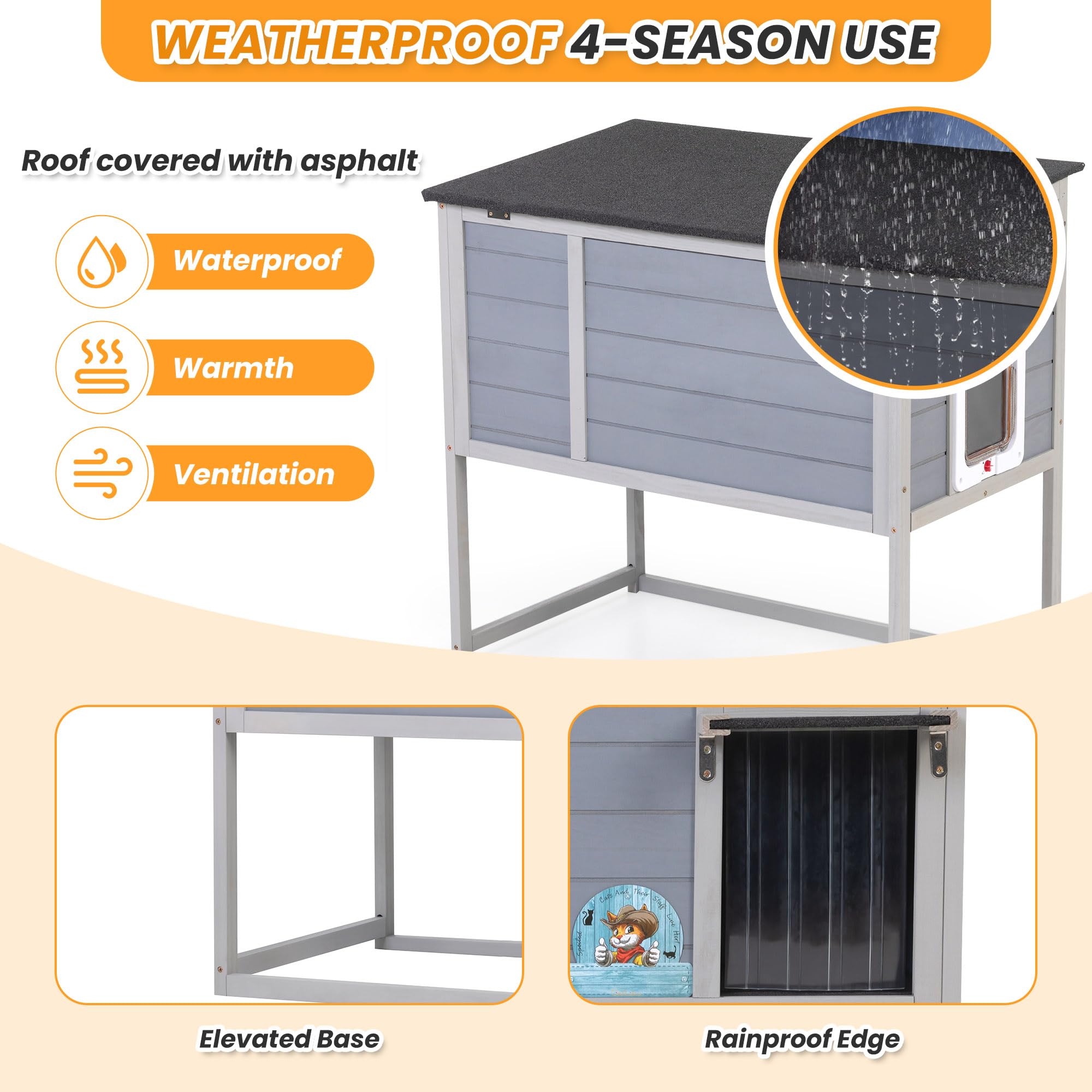 Raised Outdoor Cat House, Weatherproof Cat Shelter For Outside With Insulated All-Round Foam, Feral Cat Enclosure Openable Top,