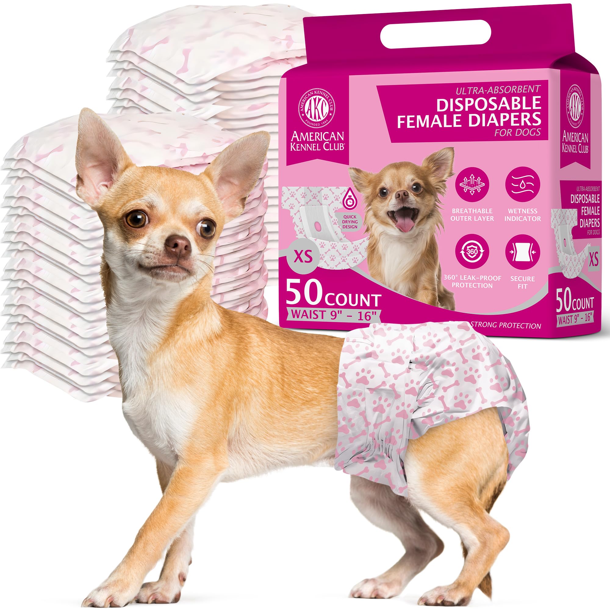 American Kennel Club Female Dog Wrap, Disposable Diapers With Wetness Indicator, X-Small, 50 Count