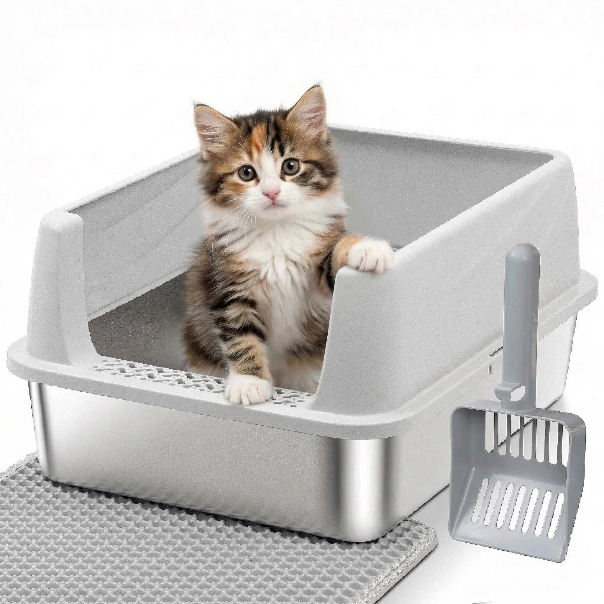 Stainless Steel Litter Box with High Sides, Small Metal Litter Box for Kittens & Medium Cats, Low Entry Kitten Litter Boxes with