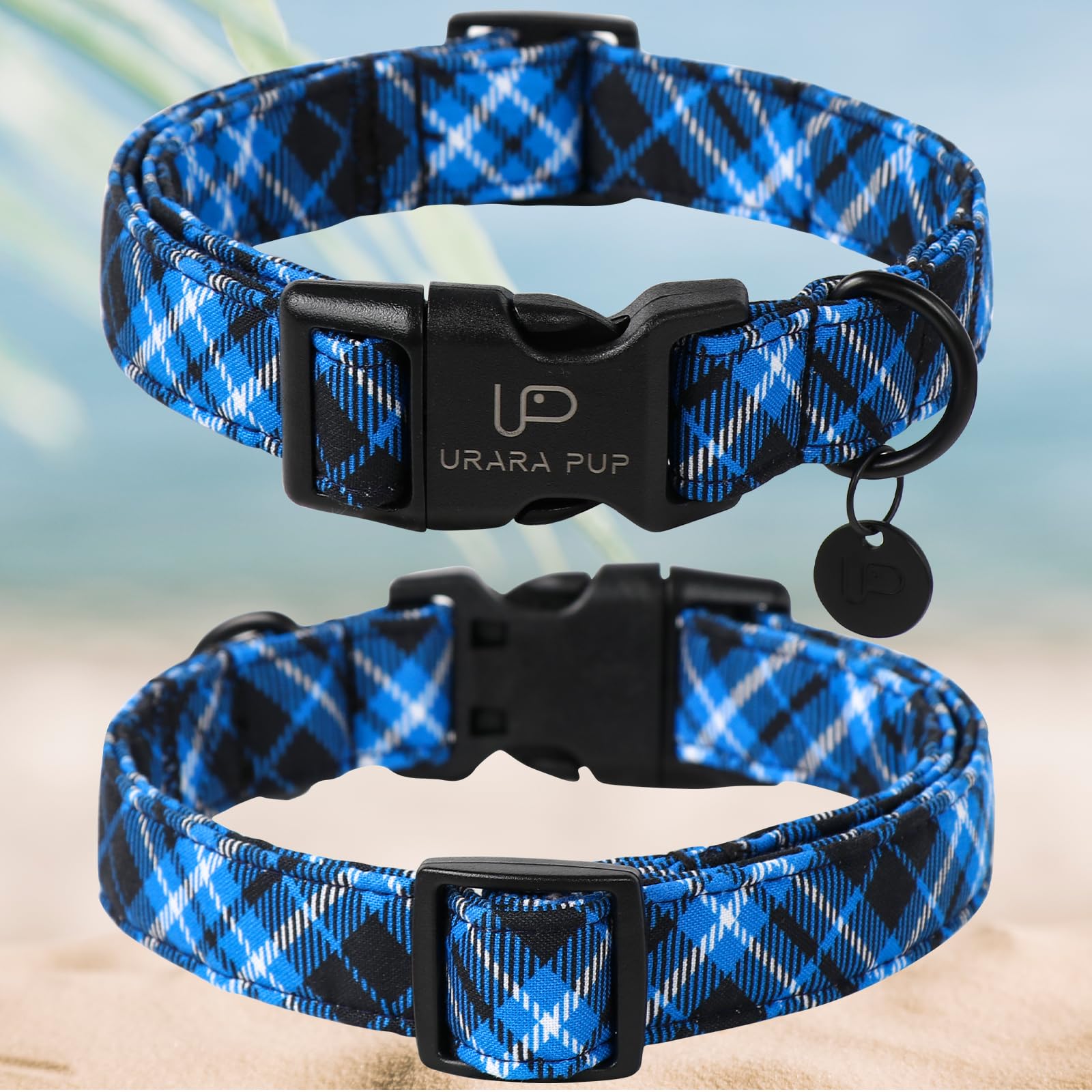 Up Urara Pup Autumn Cotton Dog Collar, Blue Plaid With Plastic Buckle, Adorable Pet Collar