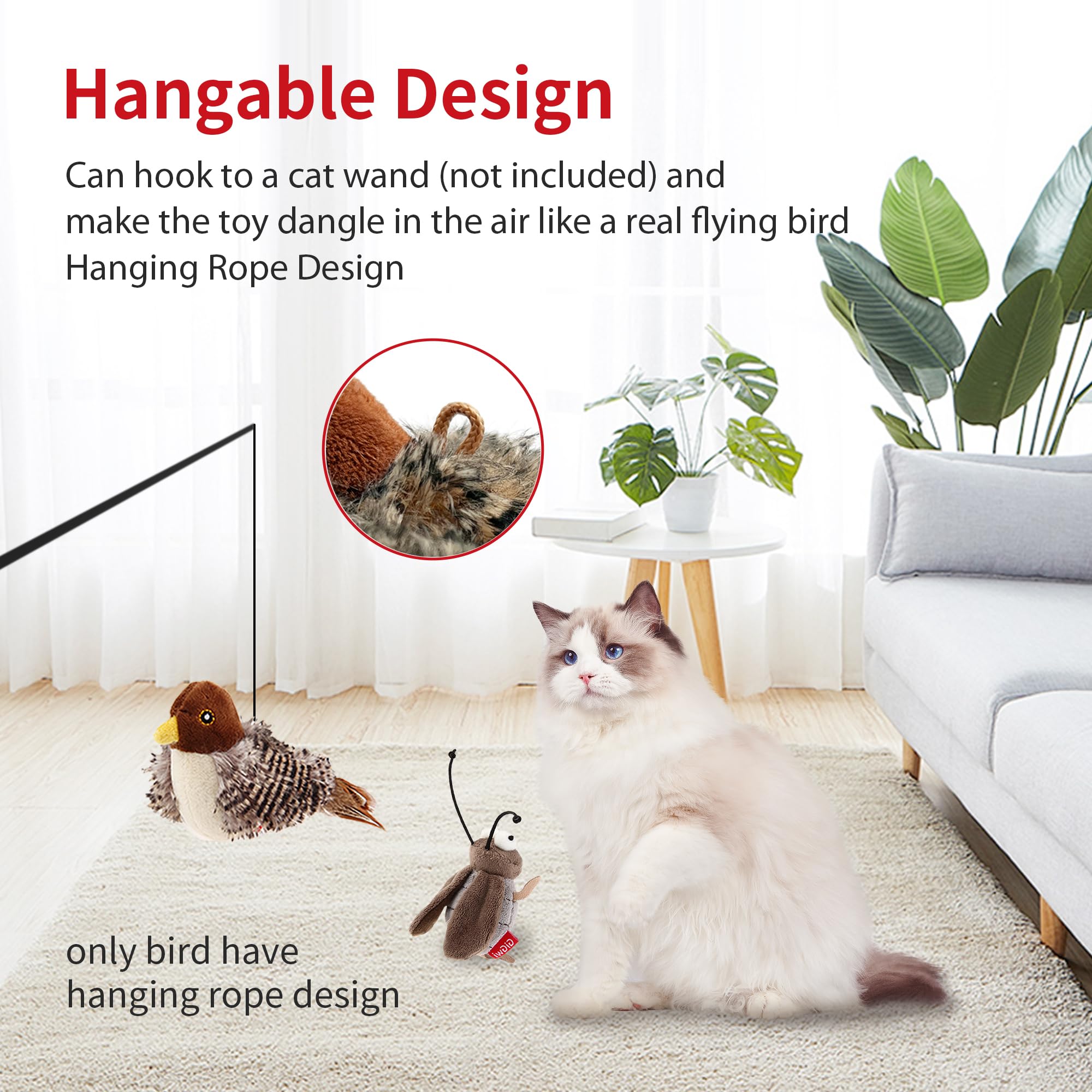 Petgeek Gigwi Simulated Chirping Bird Cat Toy, Fake Toys For Indoor Cats, Cat Feather Toy With Hanging Loop For Bored Indoor Adu
