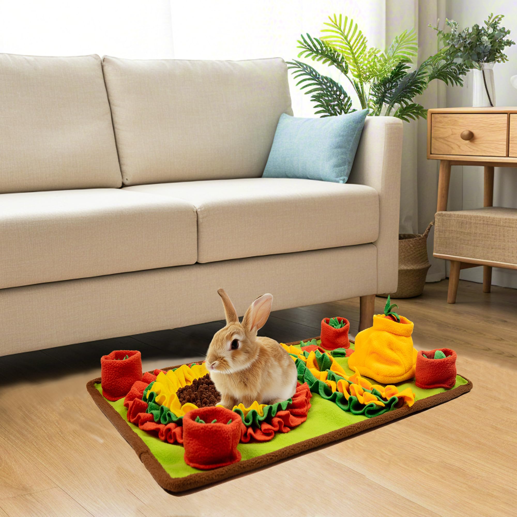 MHTTEC Sunflower Carrot Rabbit Foraging Mat, Washable Bunny Hay Feeder Treat Dispenser Foraging Toys for Rabbits Guinea Pigs Chi