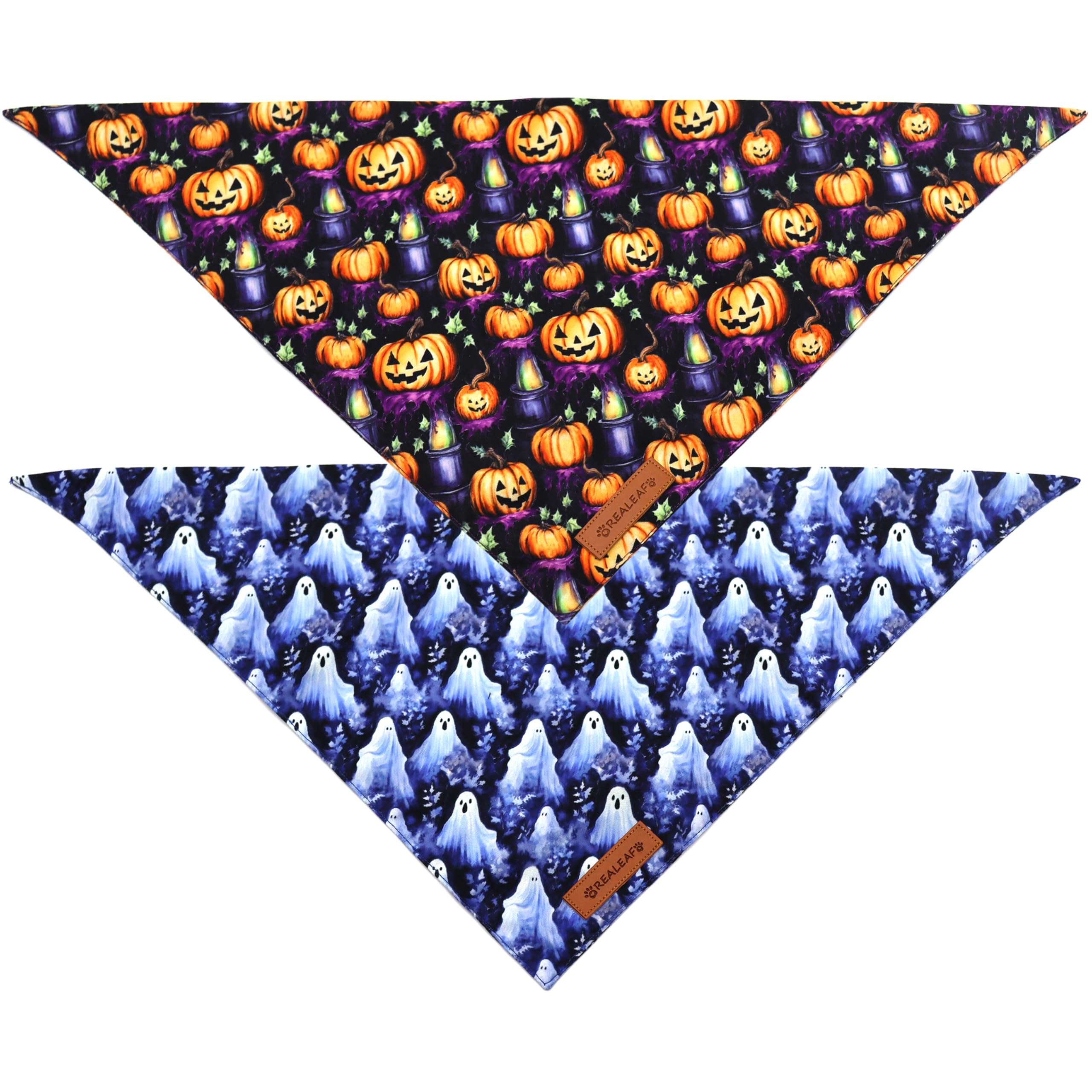 Realeaf Halloween Dog Bandanas 2 Pack, Pumpkins And Ghosts Pet Scarf For Boy And Girl, Premium Durable Fabric, Holiday Bandana F