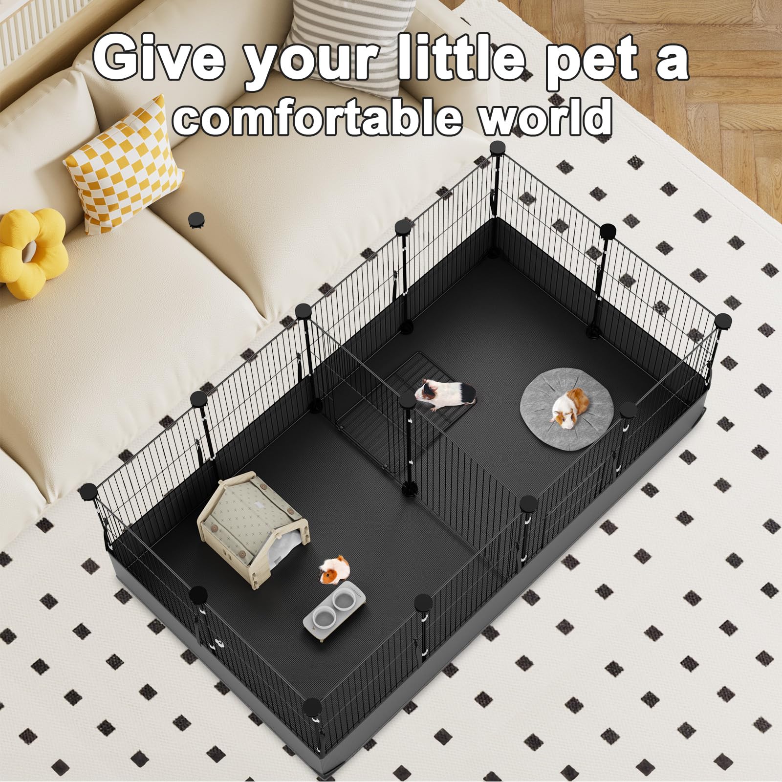 Tresbro Guinea Pig Playpen with 14 Panels & Divided Room, Triple Fixing Measures Small Animal Cage with Waterproof PVC Liner & O