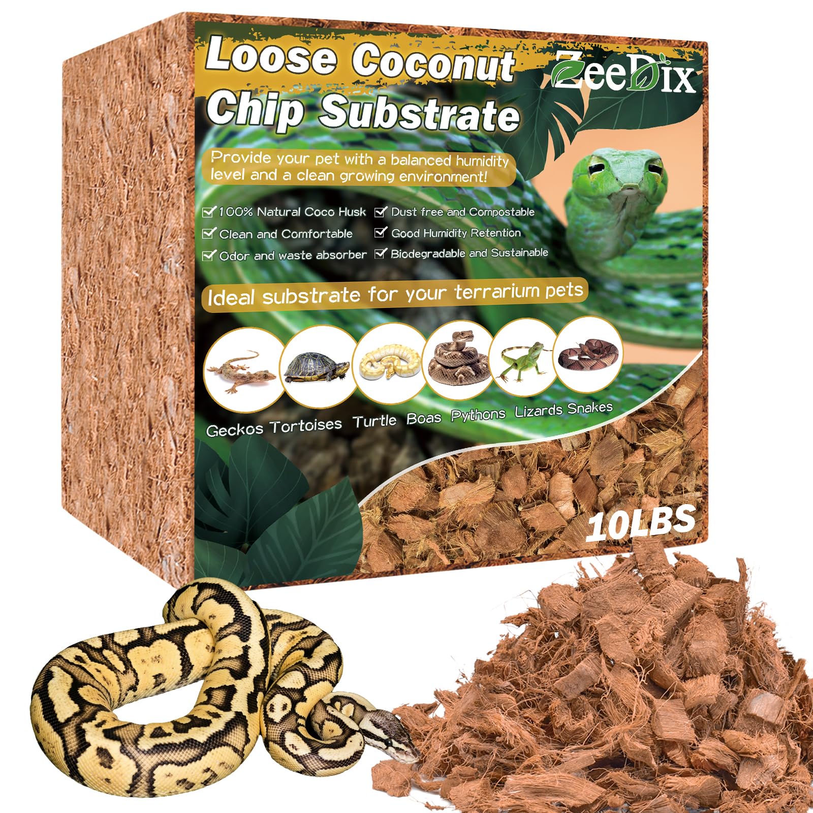 ZeeDix 10LB Coco Fiber Chips Substrate for Reptiles, 72 Quart Coconut Fiber Husk Substrate Mulch Coco Chips Bricks Reptiles Bedd