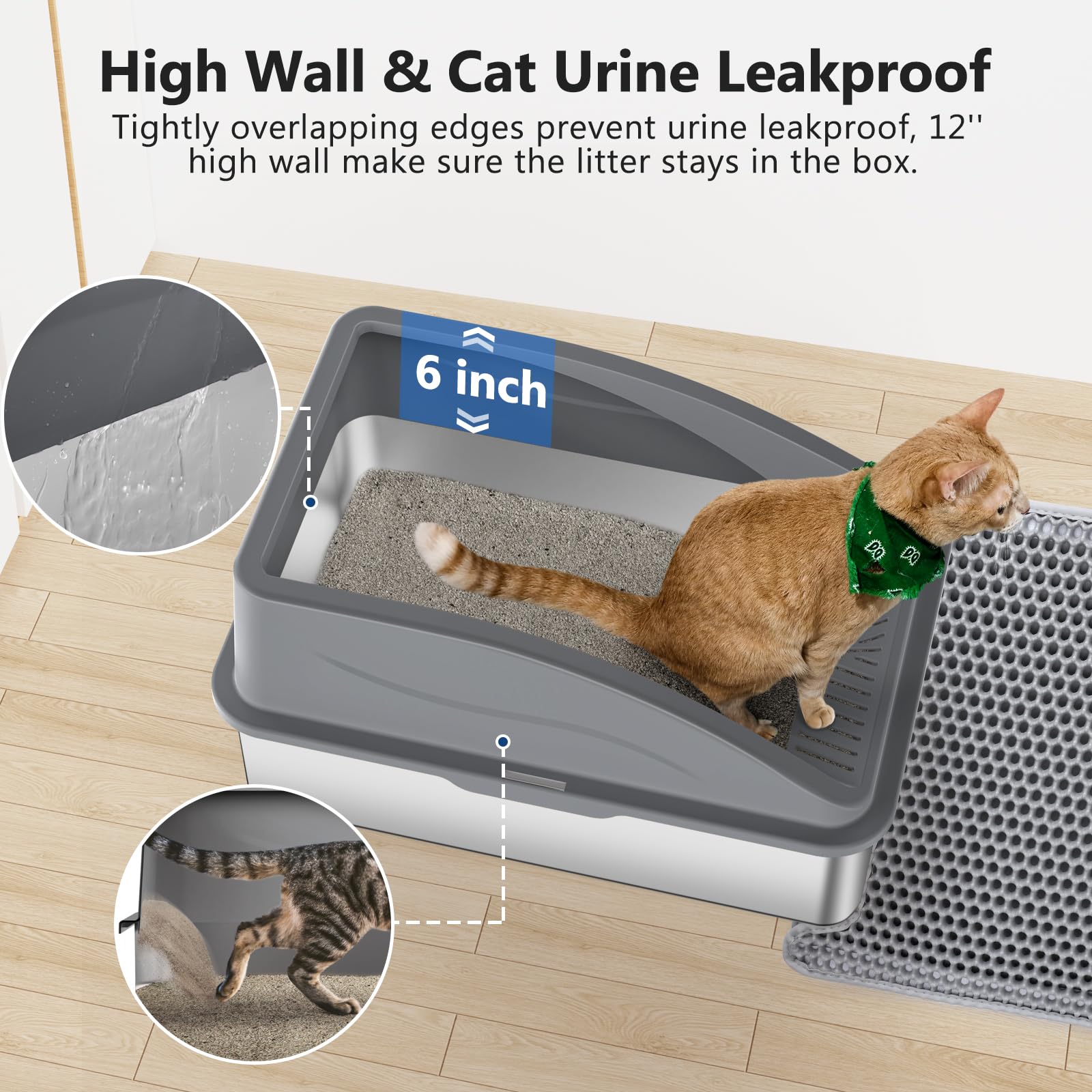 INVENHO Stainless Steel Litter Box - Extra Large, Gray, Anti-Urine Leakage, Includes Cat Mat & Scoop, Model INVENHO-1