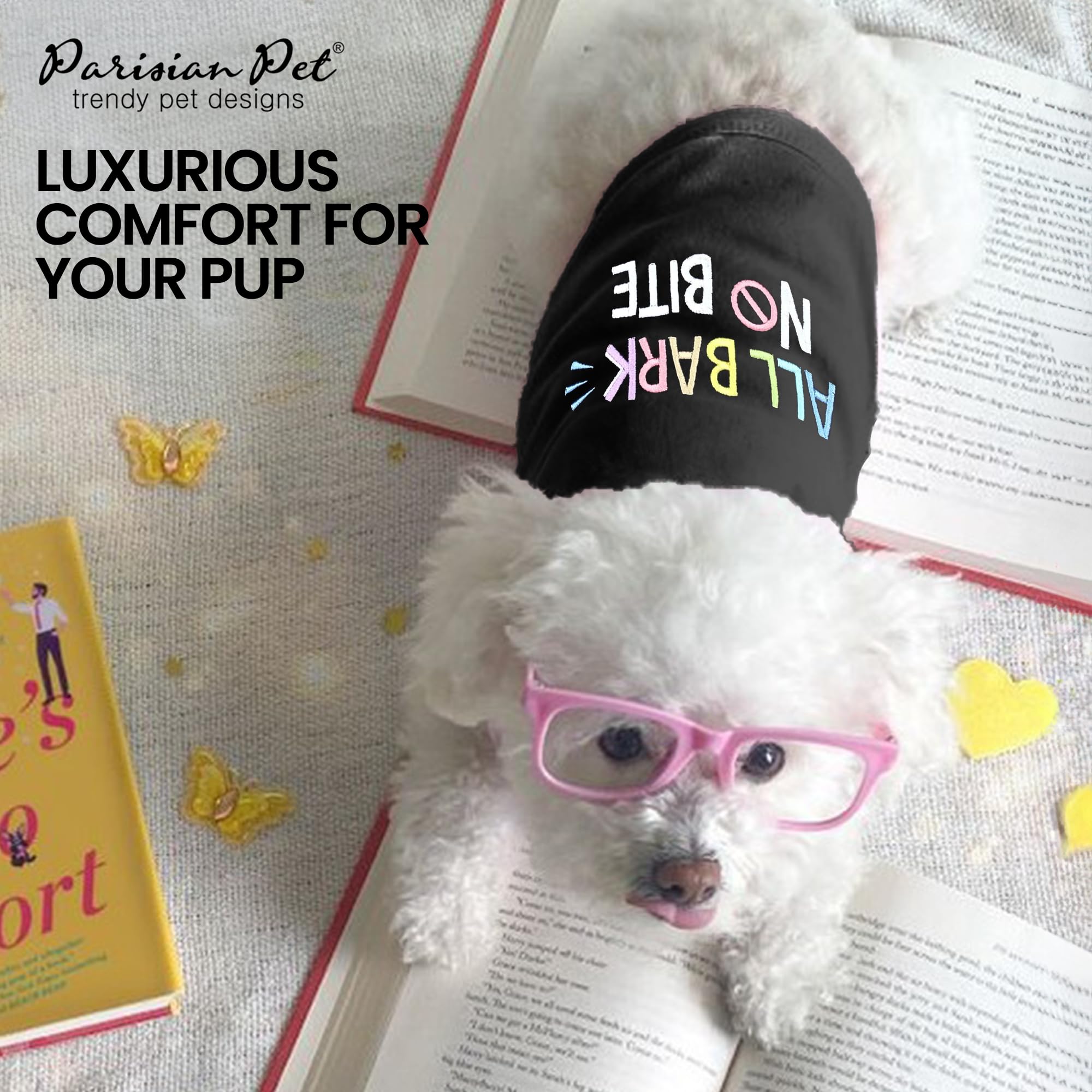 Parisian Pet Dog T-Shirt - Embroidered ' All Bark No Bite ' 100% Cotton, Dog Clothes - Sleeveless Pet Vest - Machine Washable Dog Shirt For Large Dogs 3Xl