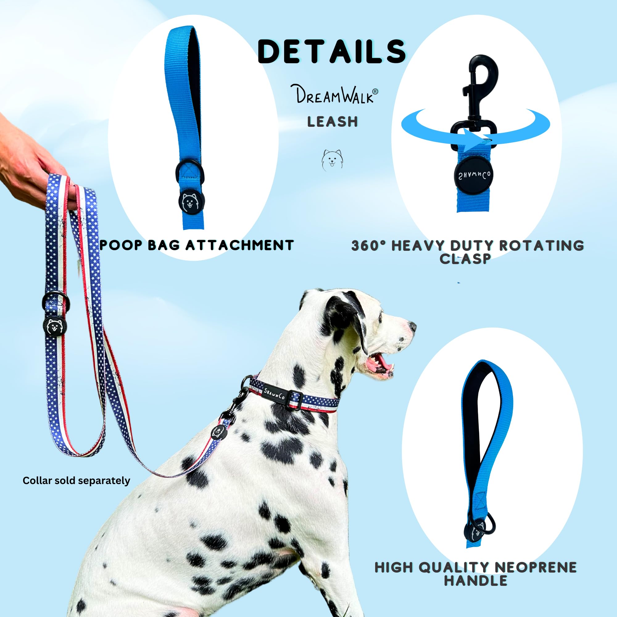Shawnco Dream Walk Dog Leash- Premium, Nylon Pet Leash With Soft Neoprene Handle For Small, Medium And Large Dogs (White Sharks,