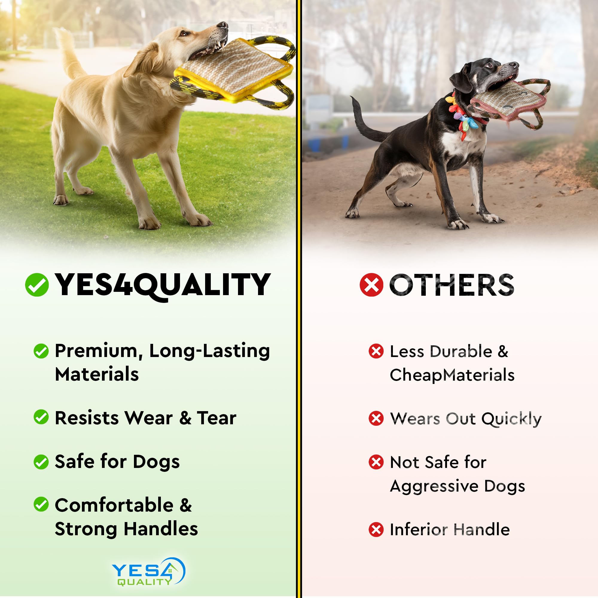 YES4QUALITY Durable Dog Bite Pillow - 10 x7  - Safe Biting Pad with 3 Strong Handles - Tough Jute Tug Toy for Medium to Large Do
