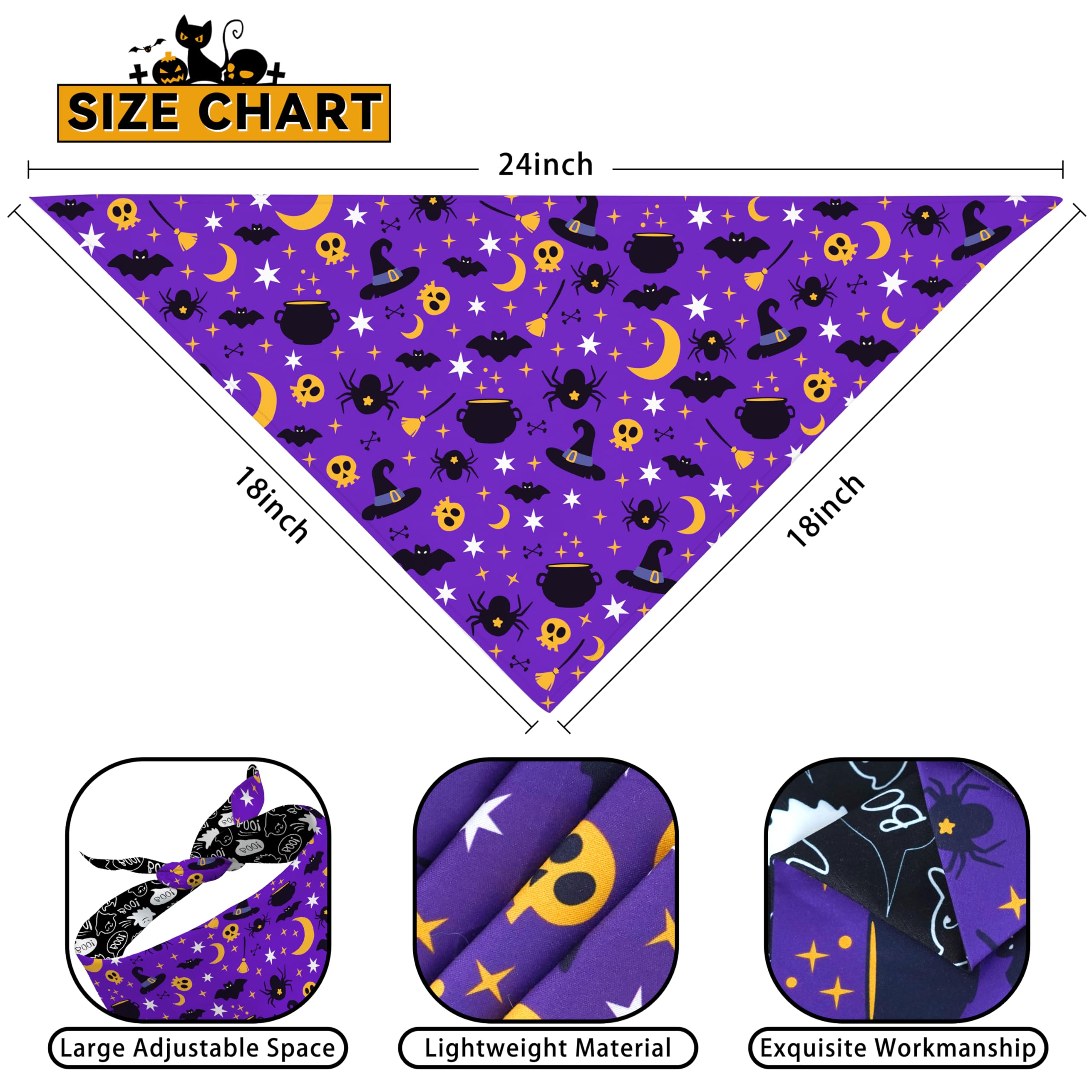 Fall Halloween Dog Bandanas Reversible 2 Pack Small, Orange Black Spider Web Ghost Witch Hat Cute Halloween Pet Bandanas For Dog