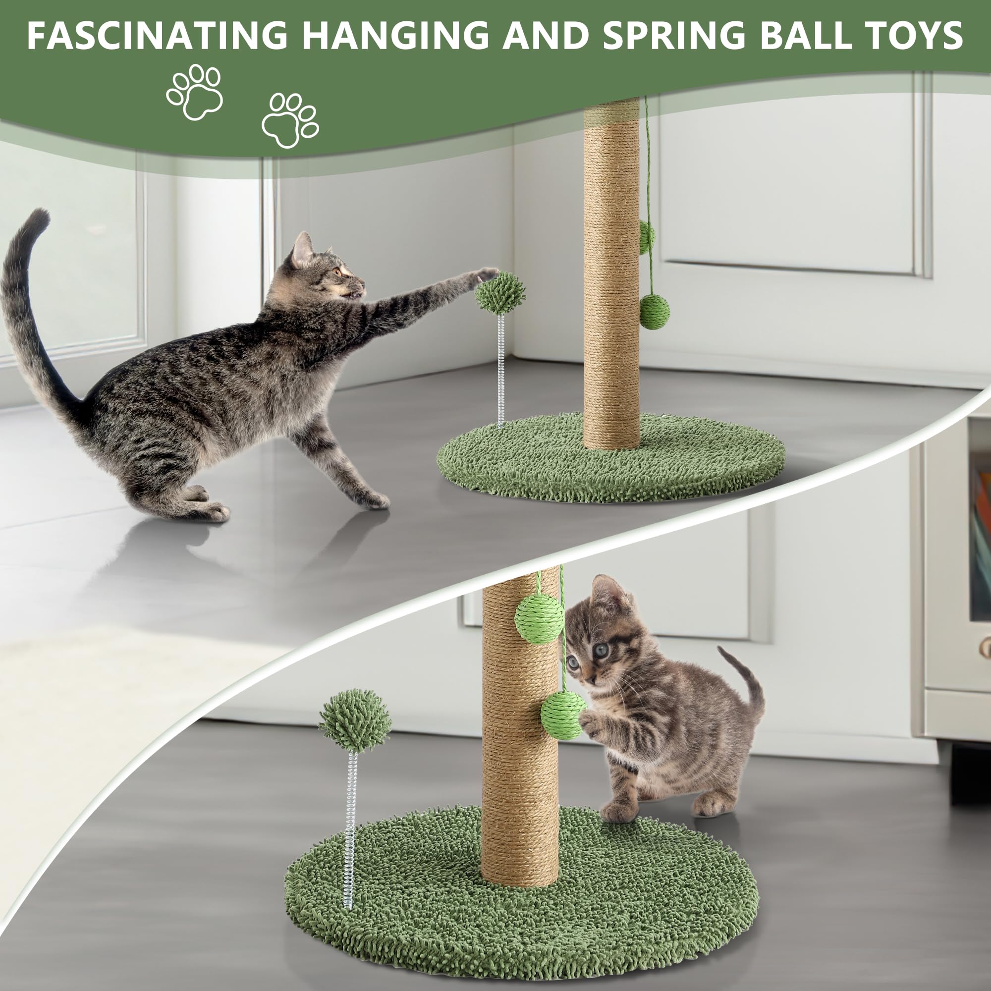 Kigoty Cat Scratching Post Cat Scratcher, 33 Inch Tall Scratching Post With Sisal Rope,Cute Cat Tree With Hanging Interactive Ba