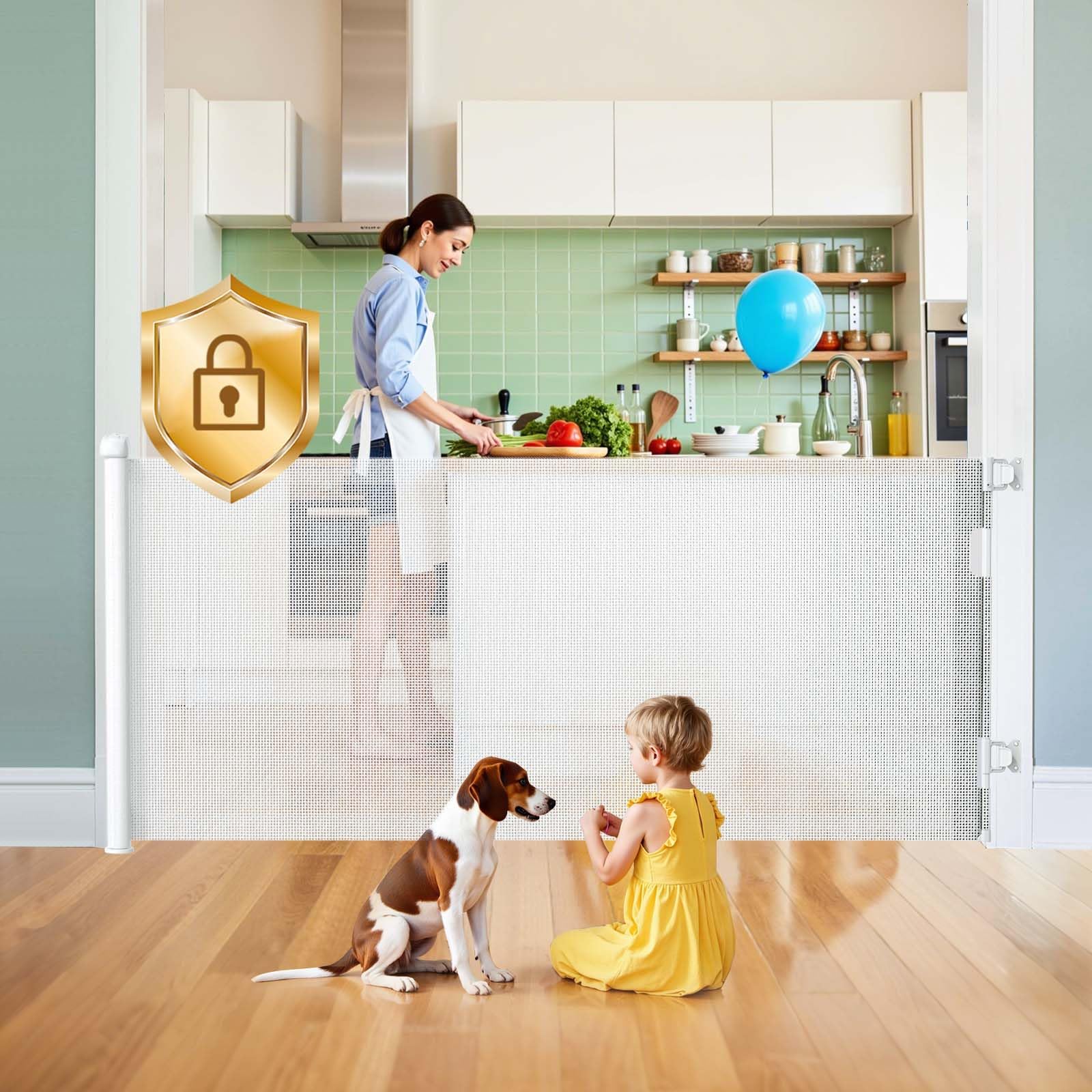 Hardware Mount Retractable Baby Gates for Stairs with Auto-Lock,33 '' Tall,Extends up to 71 '' Wide Mesh Double Lock Safety Baby