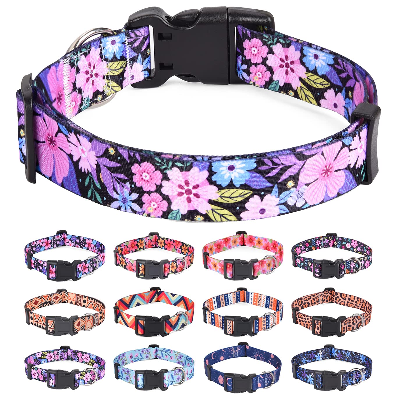 Hqyddmi Dog Collar, Soft Adjustable Polyester, Floral Print For Small Medium Large Dogs, M (12.9-21.6 Inches, 33-55 Cm)