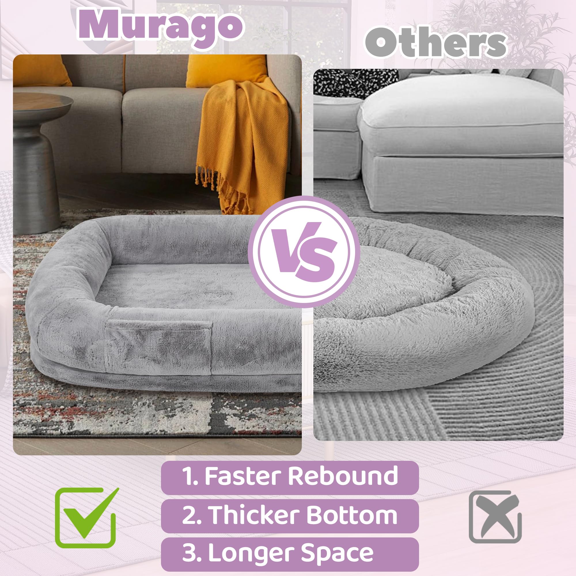 Murago Human Dog Bed For Adults, 71'' Long Human Size Dog Bed, Removable Cover, Washable, Waterproof, Orthopedic Design [Light G