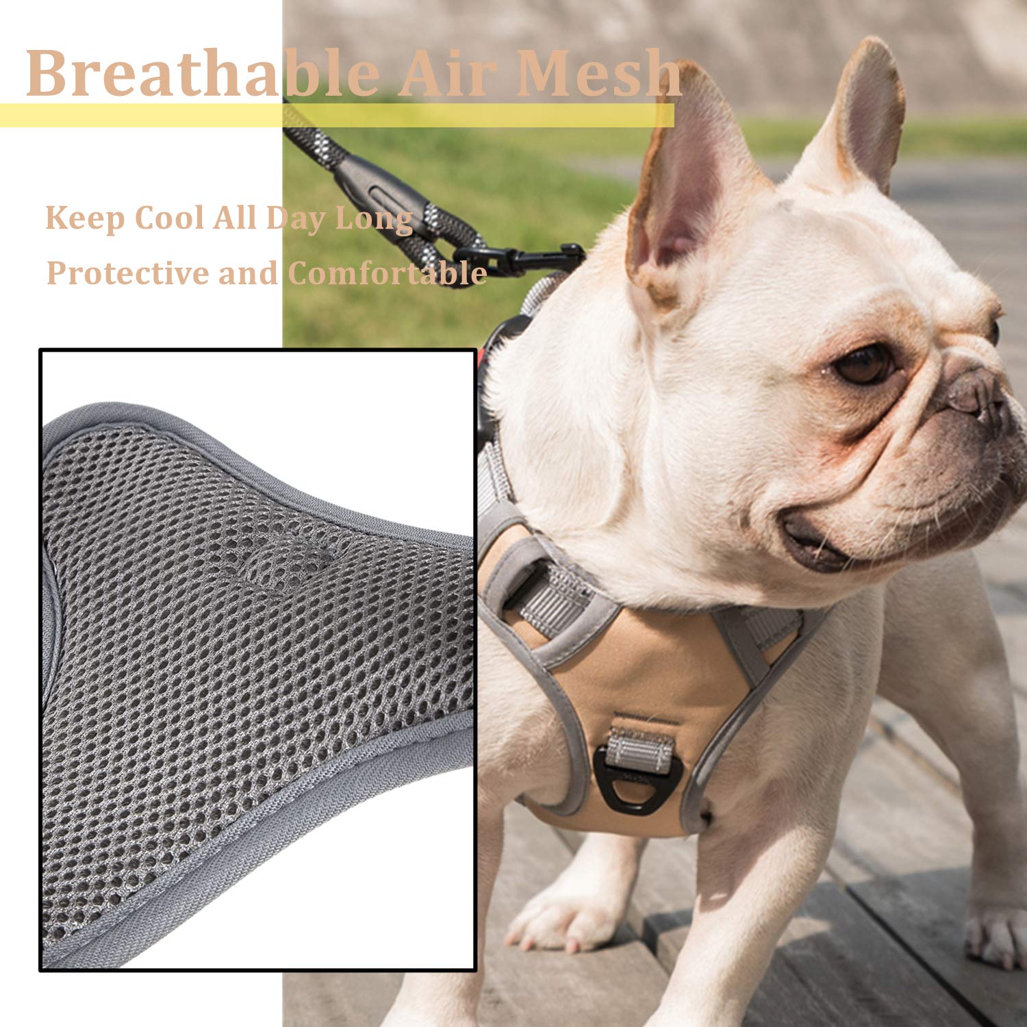 Coohom No Pull Dog Harness With Handle And Two Leash Attachments,Adjustable Outdoor Pet Harness With Reflective Oxford Material For Small Medium Large Dogs (M, Khaki 2022)