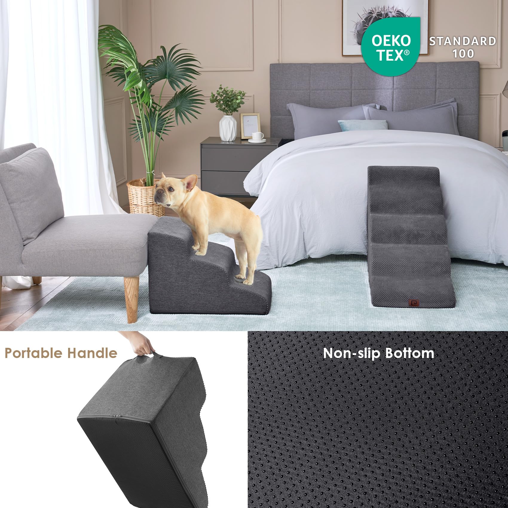 Eheyciga Curved Dog Stairs Ramp For High Beds 22.6' H, 5-Step Dog Steps For Small Dogs And Cats, Pet Stairs For High Bed Climbing, Non-Slip Balanced Pet Step Indoor, Grey