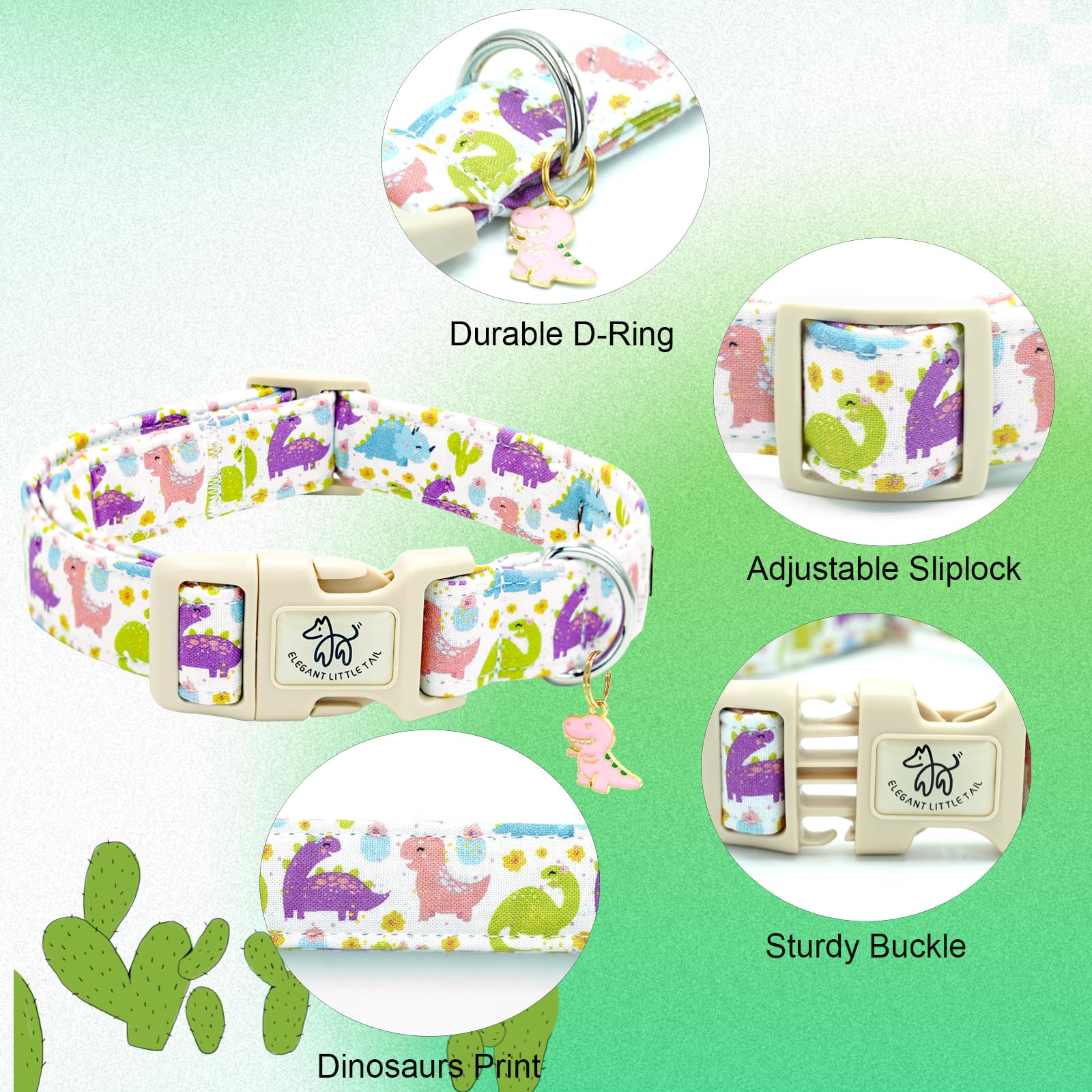 Elegant Little Tail Dog Collar- Dinosaurs Cute Dog Pet Collars Summer Adjustable Soft Cotton Boy Dog Collars For Small Medium La