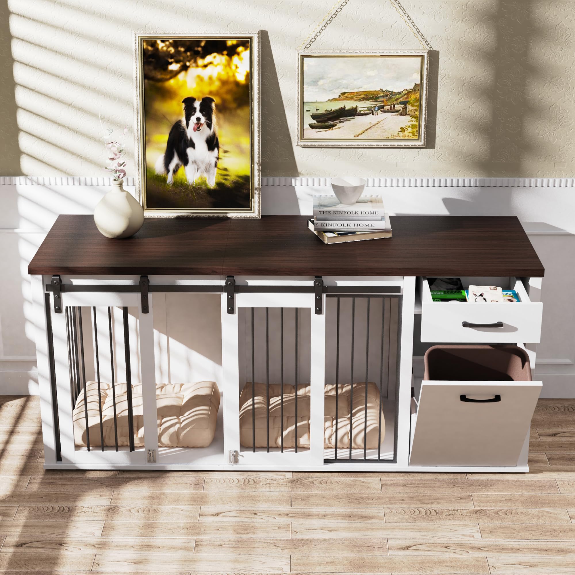 YOCONYO Large Dog Crate Furniture Large Breed,71 Inch Wooden Dog Crate with Tilt Out Trash Cabinet,Drawers,Divider and Sliding B