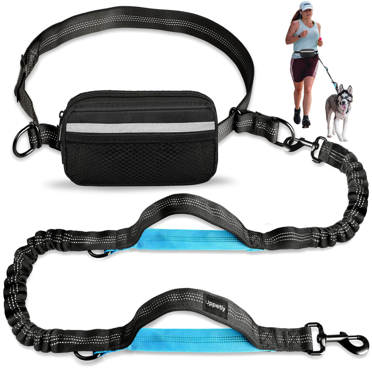 Uppetly Hands Free Dog Running Leash with Zipper Pouch, Dual Handle, Elastic Bungees Retractable Rope for Medium and Large Dogs,
