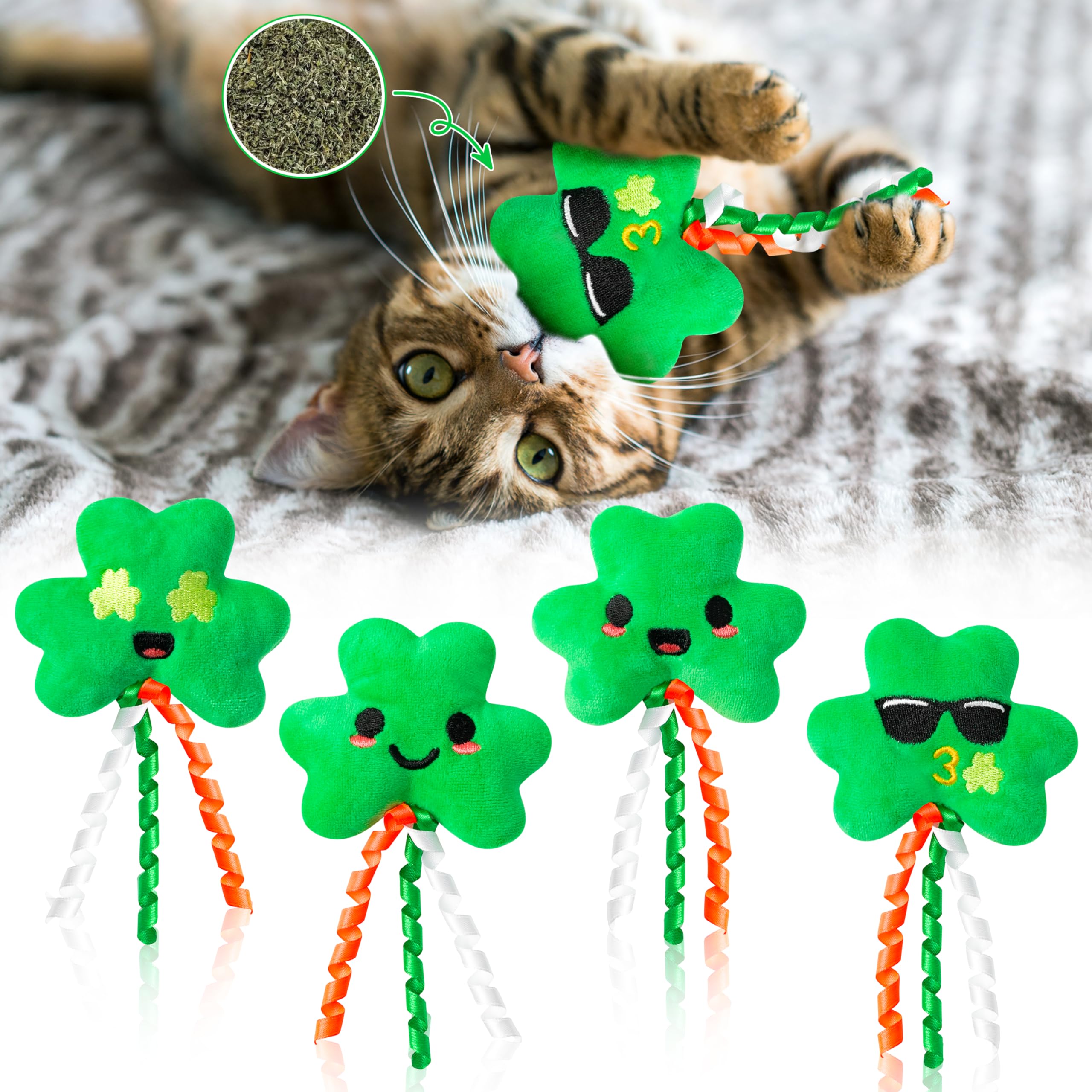 Mallmall6 4Pcs St. Patrick'S Day Shamrocks Catnip Toys Gift For Cat, Indoor Cat Bite Kick Catmint Pet Toys Supplies For Kitten L