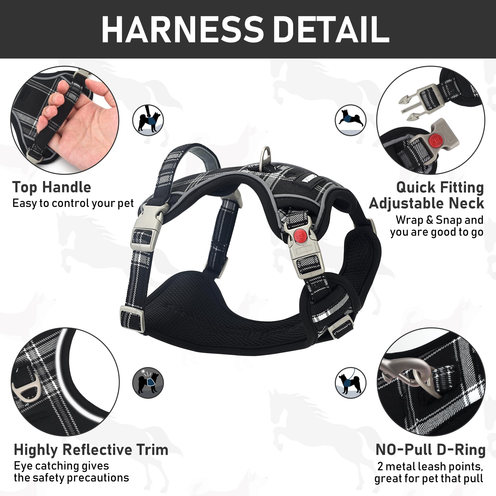 GAMUDA Dog Harness Collar and Leash Set, Horse Care Sheets, No Chock No Pull Adjustable Vest Harnesses Plaid Reflective for Medi