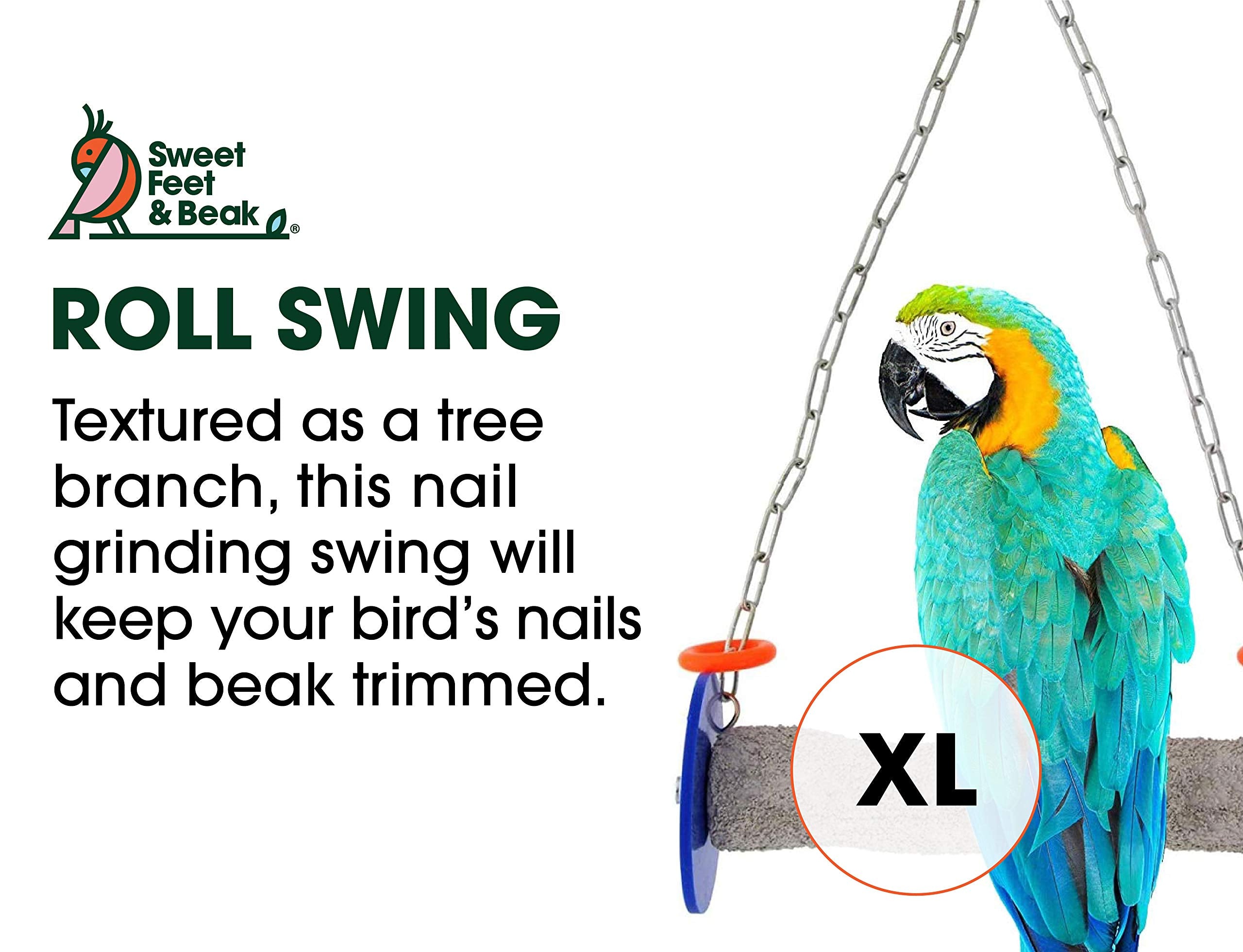 Sweet Feet And Beak Roll Bird Swing - Perch Bird Toys Trims Nails And Beaks, Safe And Non-Toxic Bird Cage Accessories For Small And Large Birds, Swinging Toys Birds Will Love, Xl 11 Inches