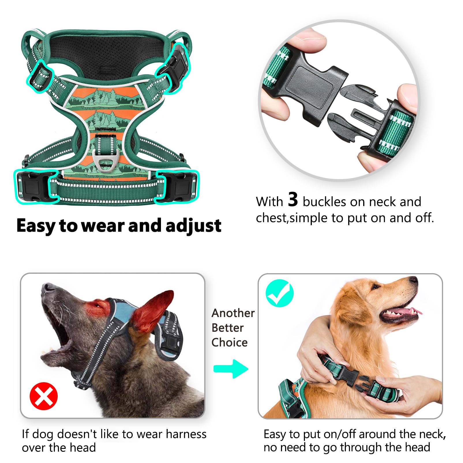 Timos No Pull Dog Harness,No Choke Front Clip Dog Reflective Harness,Adjustable Soft Padded Pet Vest With Easy Control Handle Fo