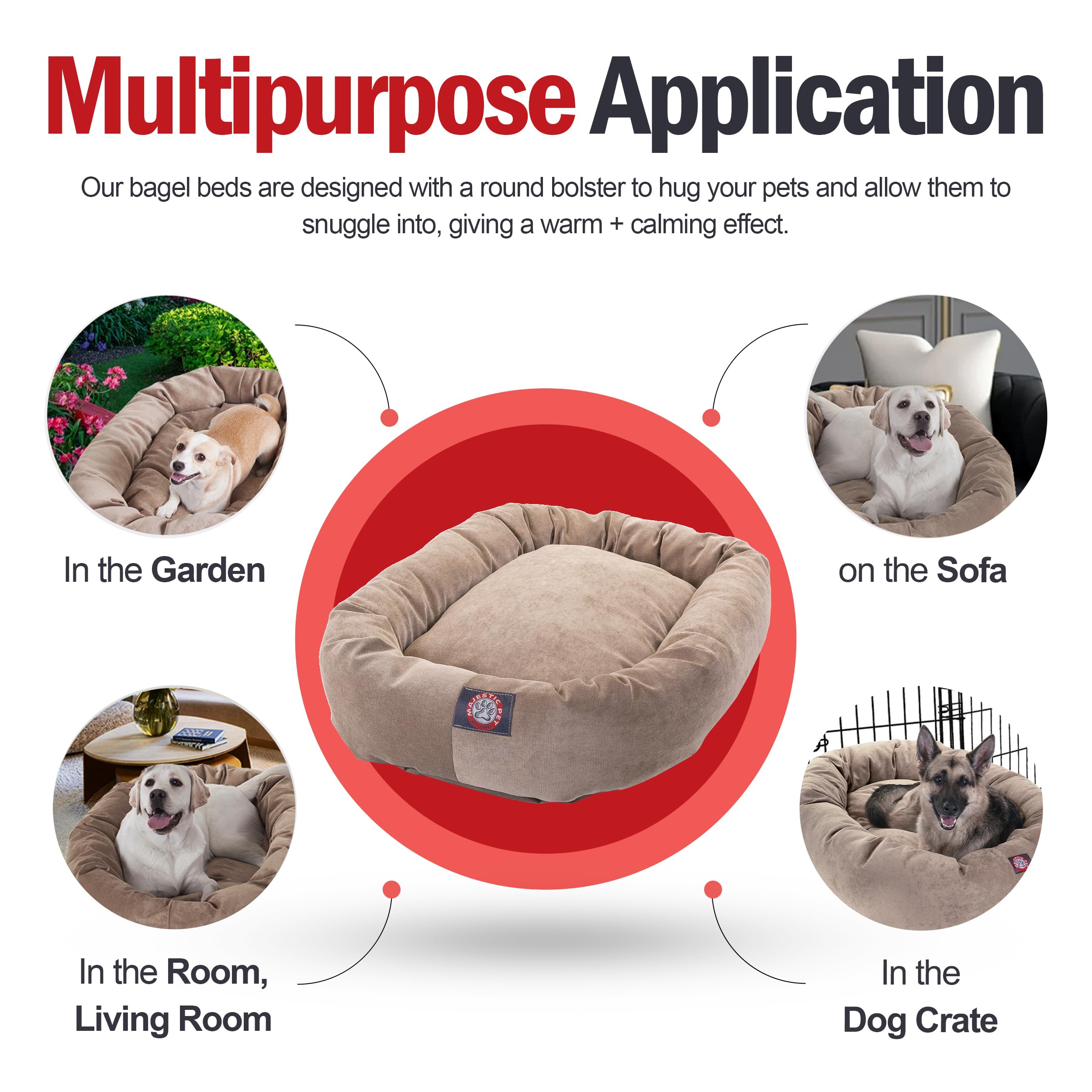 Majestic Pet 40 Inch Micro Velvet Calming Dog Bed Washable – Cozy Soft Round Dog Bed With Spine For Head Support - Fluffy Donut Dog Bed 40X29X9 (Inch) – Round Pet Bed Large – Pearl
