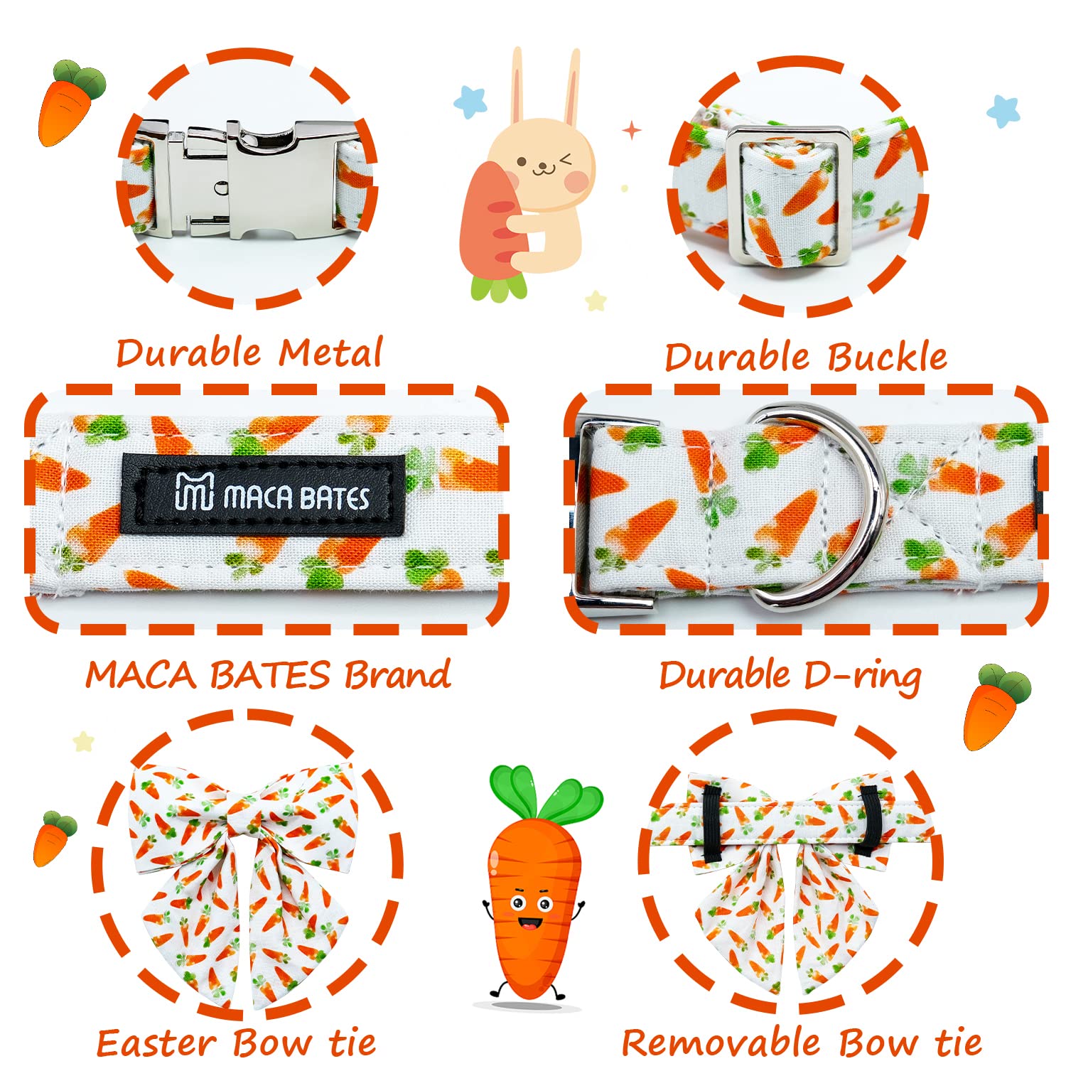 Maca Bates Easter Day Dog Collar With Bow Bowtie Bunny Carrots Dogs Sailor Bow Tie Collars Breakaway Soft Cute Adjustable Pink C