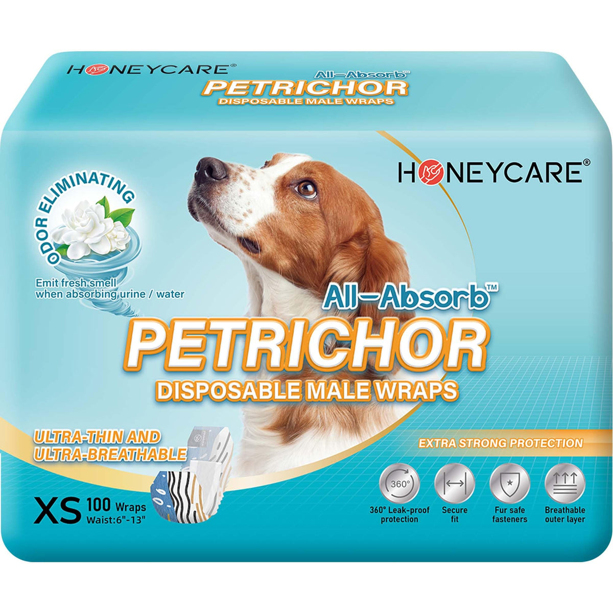 Honey Care All Absorb Petrichor Male Dog Wrap, Fresh Smell Disposable Diapers, Extra Small, White, 100 Count