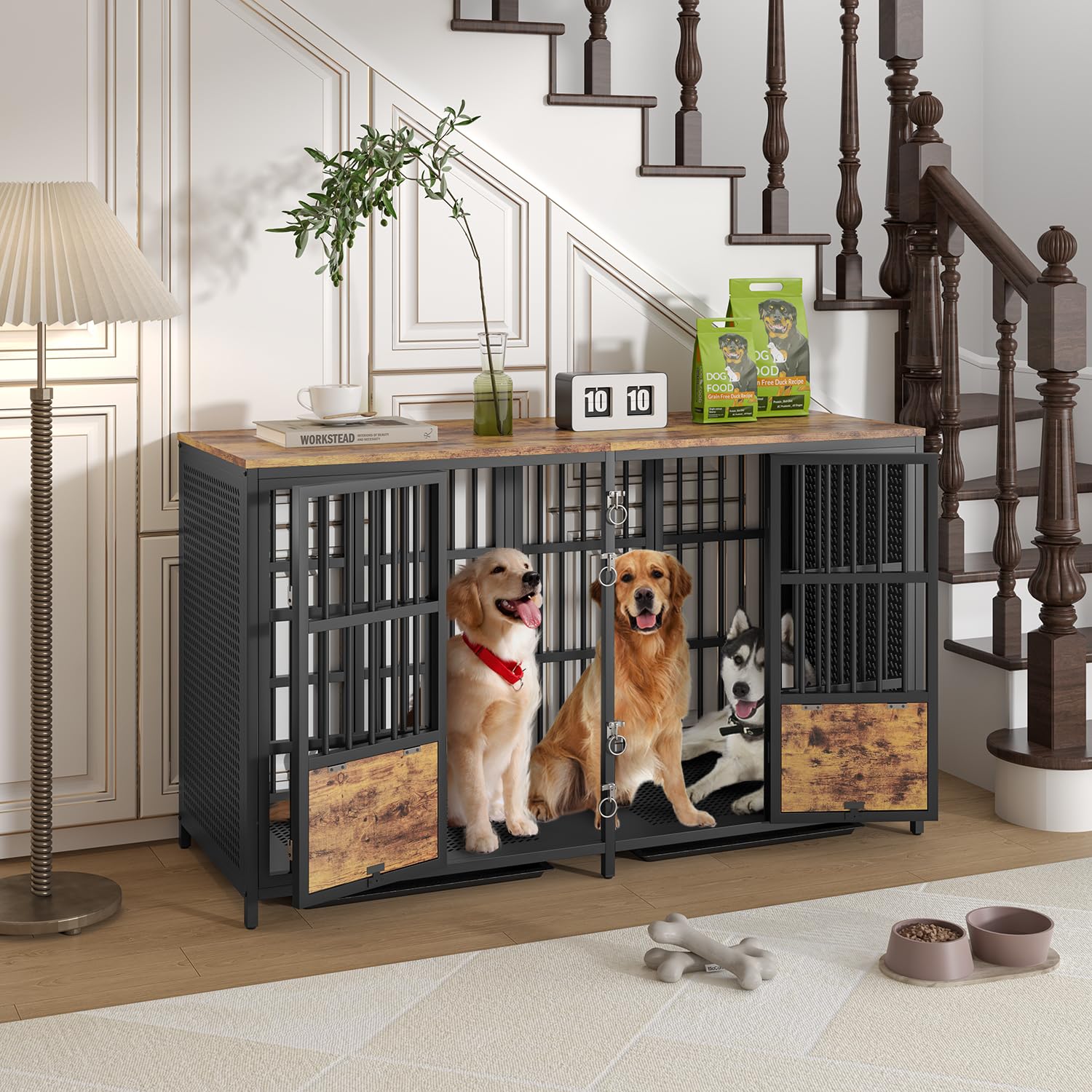 Boinn Large Dog Crate Furniture, 63 Inch Heavy Duty Double Dog Crate With Removable Divider, Extra Large Dog Kennel Furniture Tv
