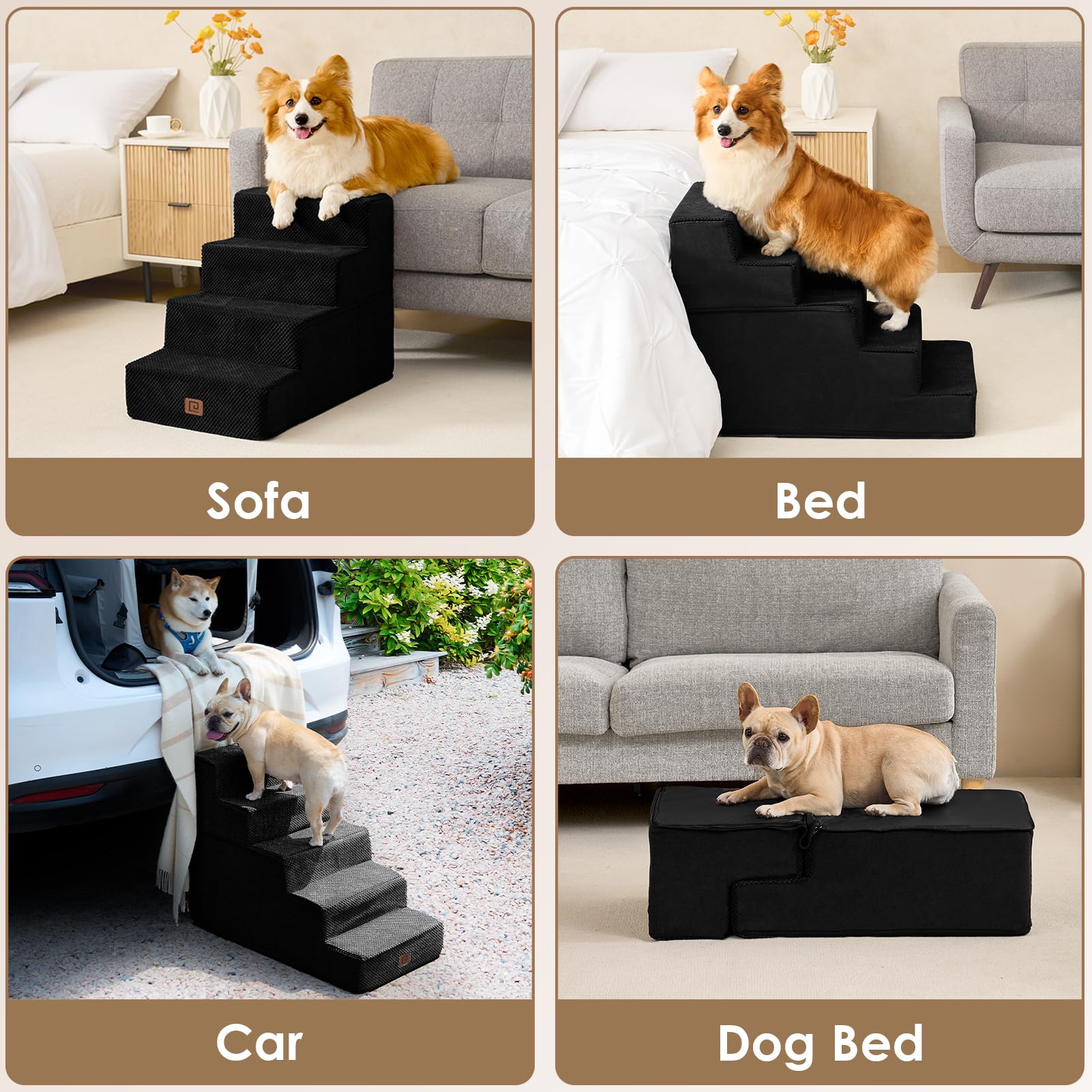 Eheyciga Dog Stairs For High Bed 22.5”H, 5-Step Dog Steps For Bed, Pet Steps For Small Dogs And Cats, Non-Slip Balanced Dog Indoor Ramp, Black