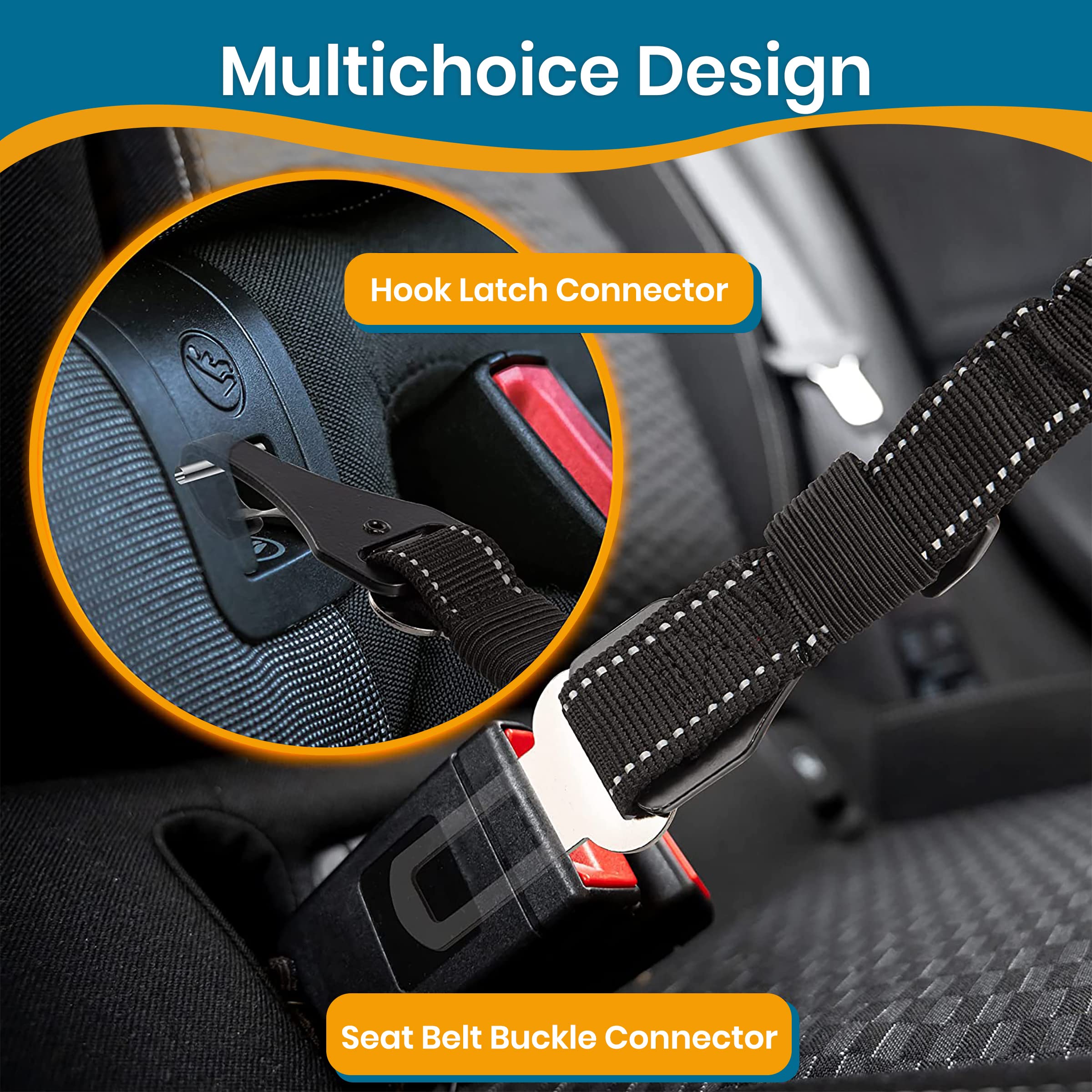 Pawbee 2 Pack Dog Seat Belts For Cars - Adjustable, Elastic Bungee Dog Car Harness With Easy Clip, 3-In-1 Safety Dog Car Seat Be