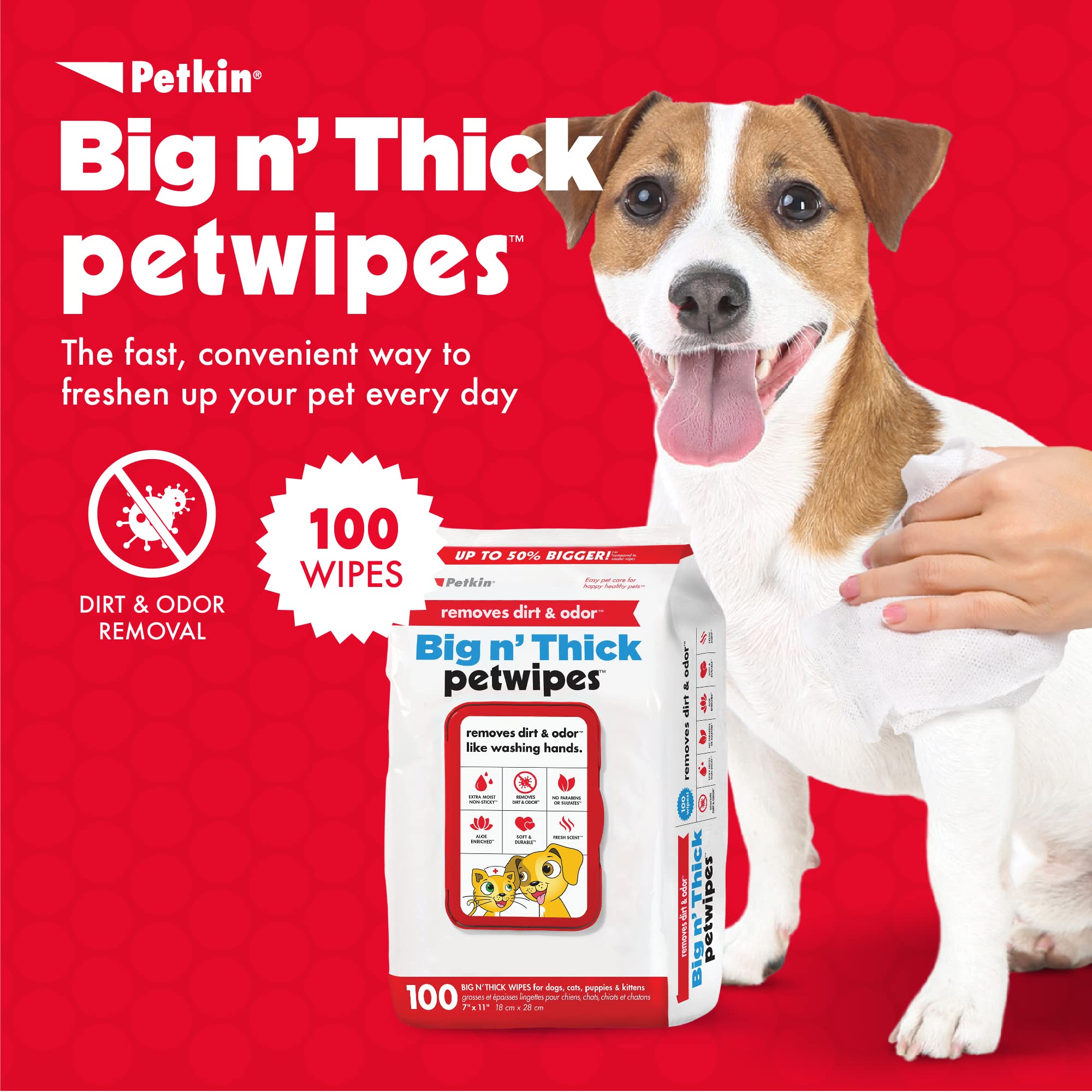 Petkin Pet Wipes For Dogs And Cats, 100 Large Wipes - Removes Dirt & Odor Like Washing Hands - Cleans Ears, Face, Butt, Eye Area