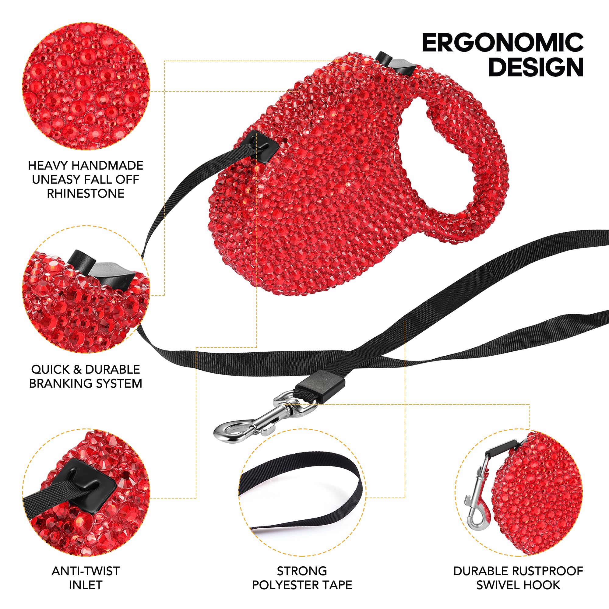 Sparkling Retractable Dog Leash,Rhinestone Pet Walking Leash For Small Dog Cat,Red Bling Small Puppy Leash,Durable 16 Ft Strong