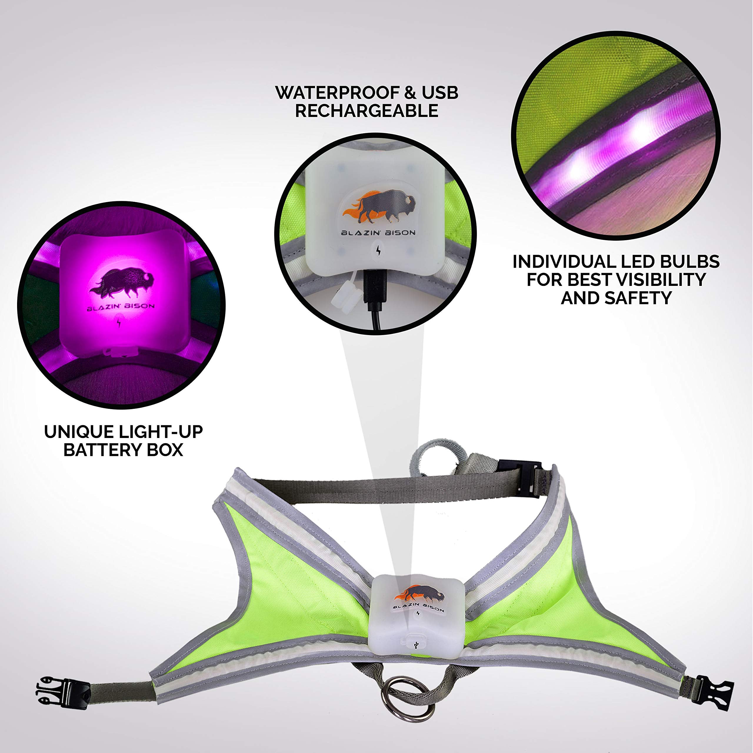 Blazin Safety Light Up Dog Harness - See Your Dog From 1000 Feet Away - Usb Rechargeable, Waterproof, Lightweight, Adjustable - 8 Led Colors And 6 Flashing Modes - Up To 15 Hour Runtime (Large)