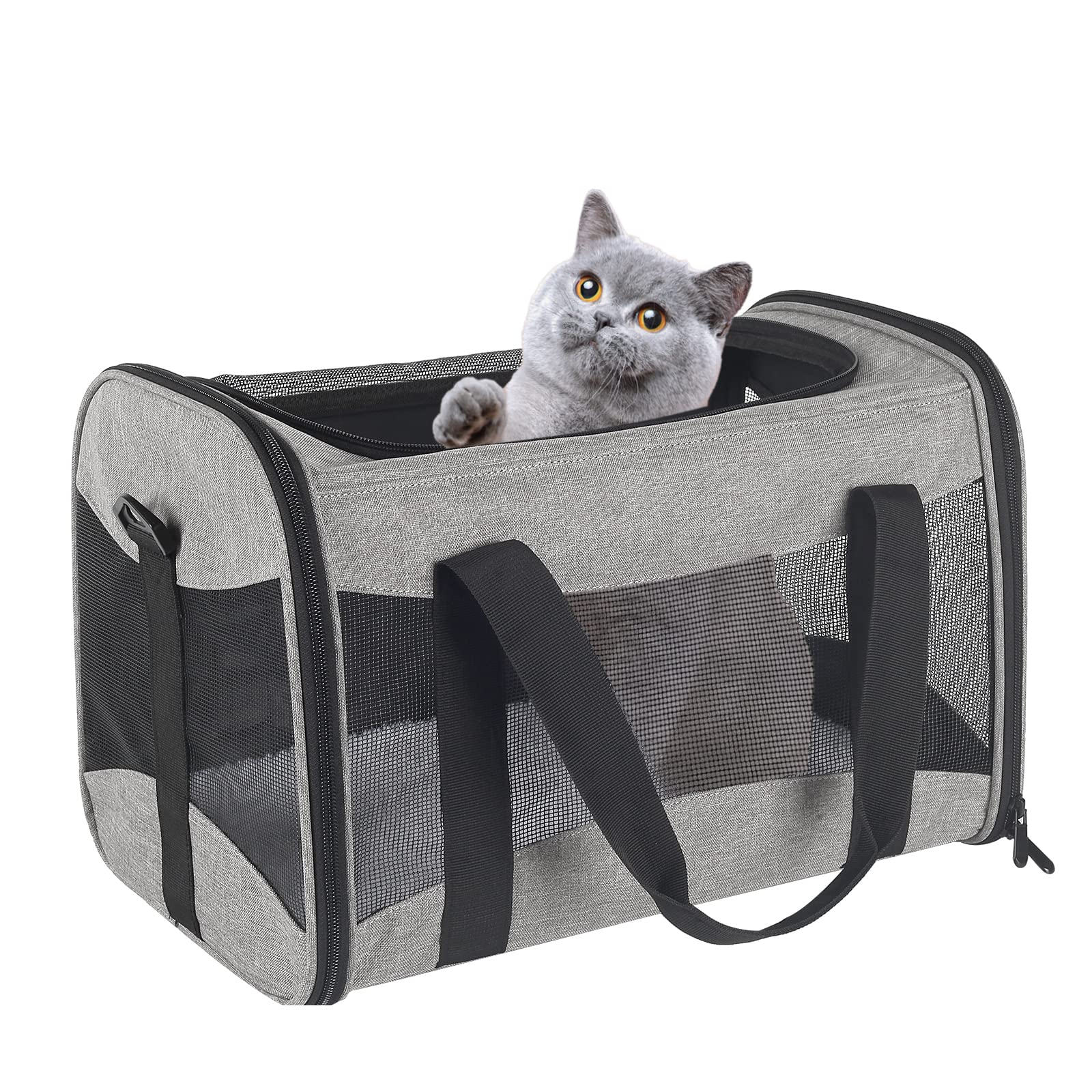 Cat Carrying Case - Pet Carrier Airline Approved, Protable And Breathable Pet Travel Carrier Removable Fleece Pad, Collapsible Cat Carrier Dog Carrier For Medium Cats Small Cats Dogs (X-L Grey&Black)