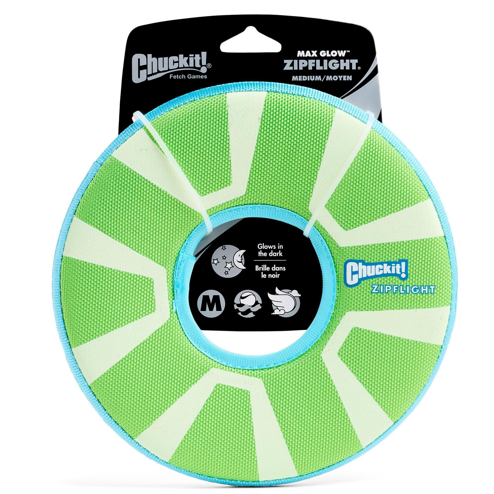 Chuckit! Max Glow Zipflight Flying Disc Dog Toy - Water Floating Flyer For Beach And Pool - Durable Polyester Construction - For Medium And Large Dogs - Size Medium - 8.5” L X 8.5” W - Pack Of 1