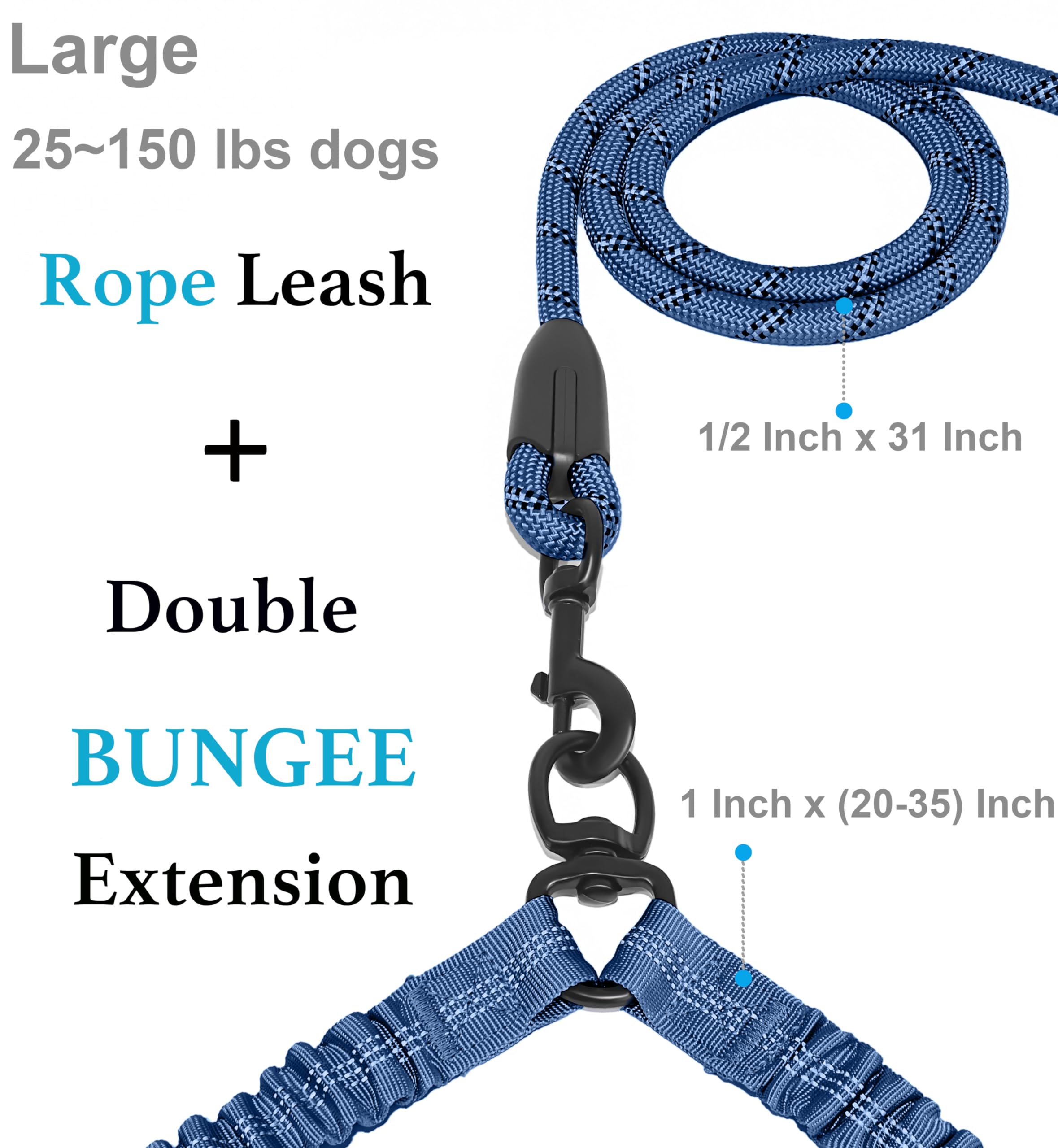 Iyoshop Dual Dog Leash, Double Dog Leash, 360 Swivel No Tangle Walking Leash, Shock Absorbing Bungee For Two Dogs, Large (25-150 Lbs), True Navy