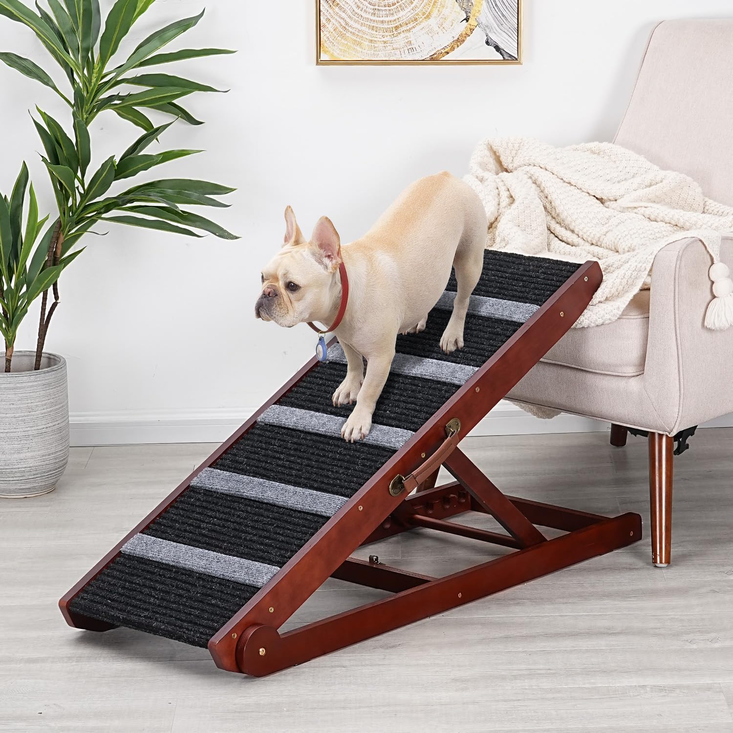 Sweetbin Wooden Adjustable Pet Ramp For All Dogs And Cats - Non Slip Carpet Surface And Foot Pads - 40'' Long And Adjustable Fro