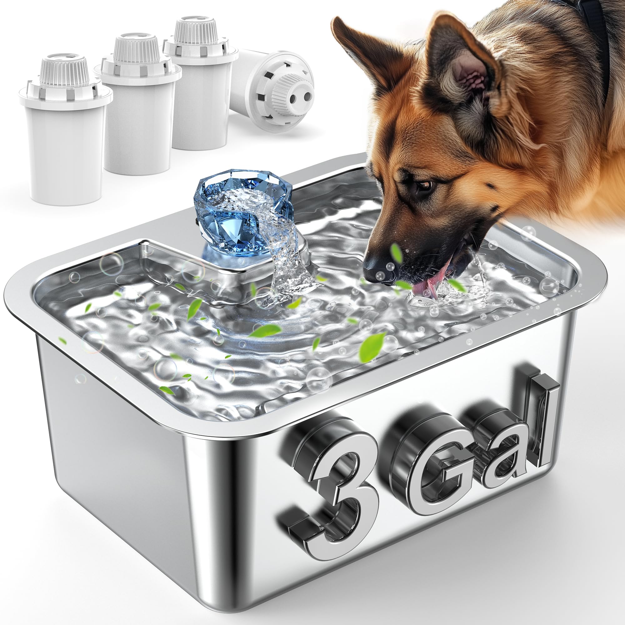 Lesotc Dog Water Fountain for Large Dogs, 11L/3Galon Stainless Steel Large Pet Water Fountain with 4 Filters, Automatic Dog Wate